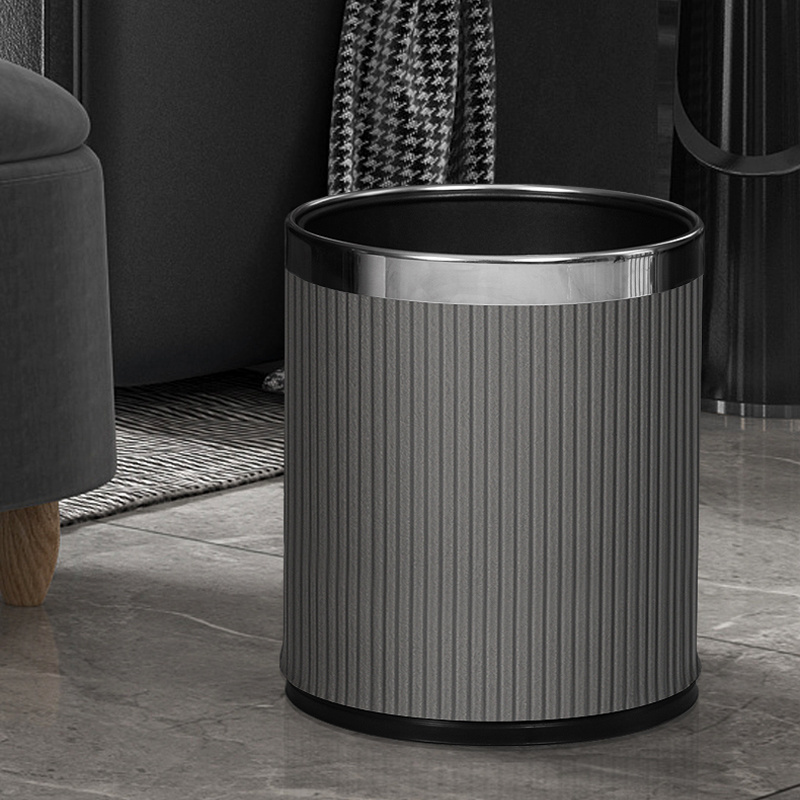 Luxury Style Commercial Office Home use 10L Waste Bin Leather Surface with Metal edge Double Layer Garbage Bin Trash Can