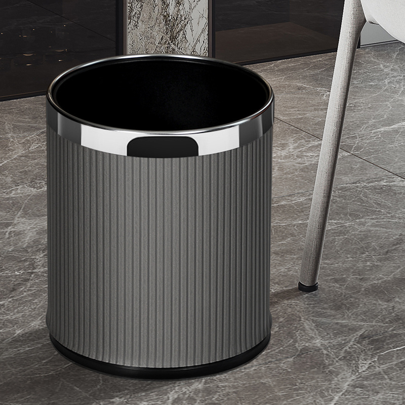 Luxury Style Commercial Office Home use 10L Waste Bin Leather Surface with Metal edge Double Layer Garbage Bin Trash Can