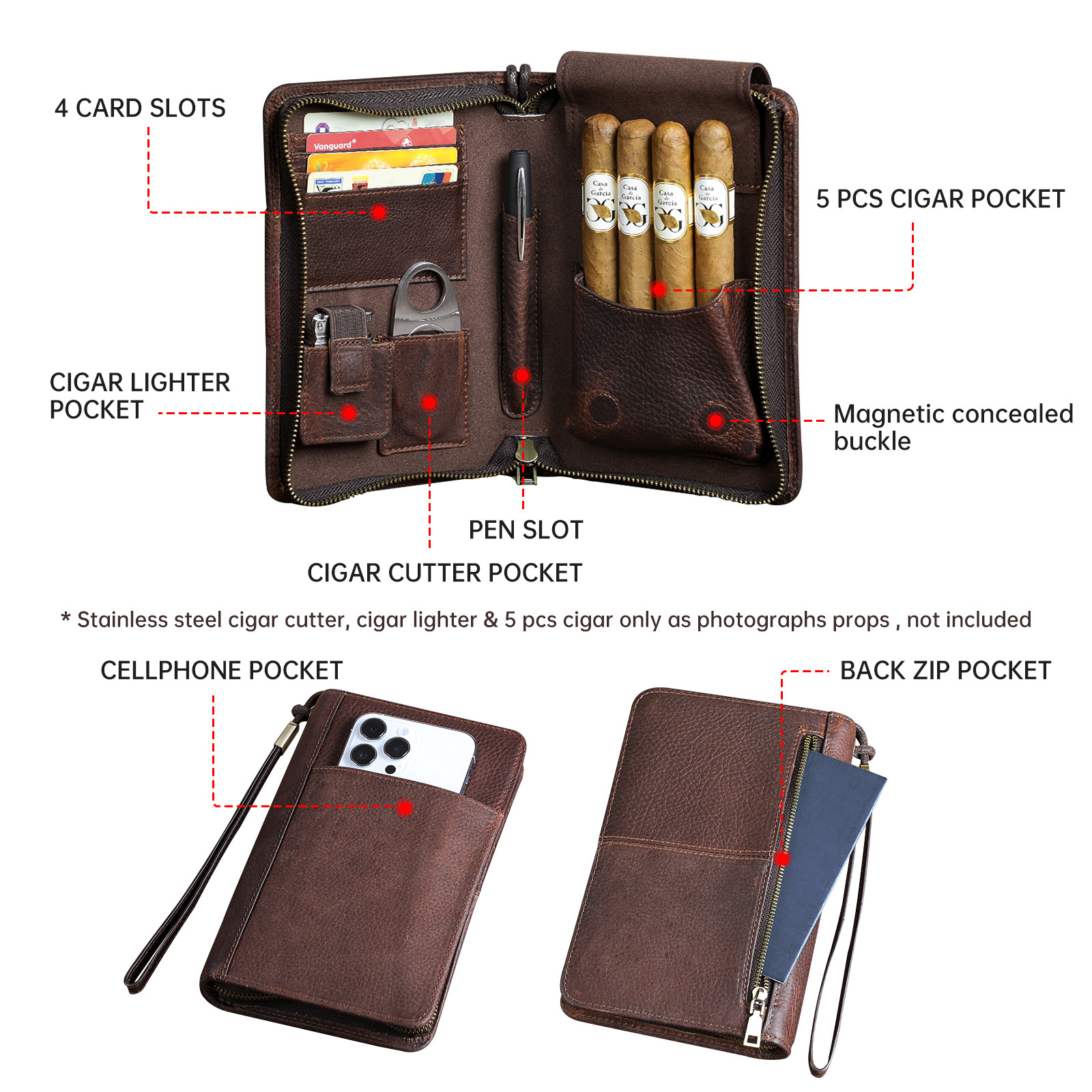 Wholesale Travel Luxury Travel Humidor Cigar Bag Portable Custom Logo Lighter Cutter Box Genuine Leather Humidor Cigar Case