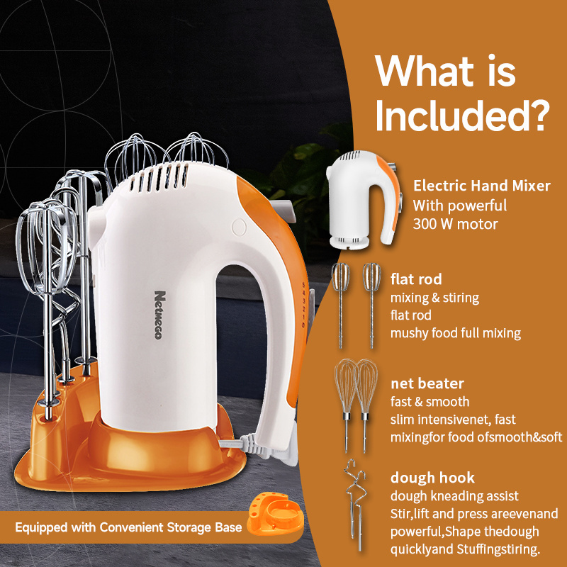 5-Speed Manual Hand Mixer 300 Watt Electric Cake Mixer Dough Hooks Wire Whips Egg Beater Portable Mixer Storage Base ABS Plastic