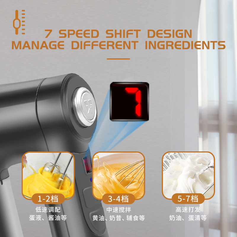 7-Speed Rechargeable Hand Mixer 60 Watt Cordless Hand Mixer 6000mAh Portable Mixer DC Motor Digital Display