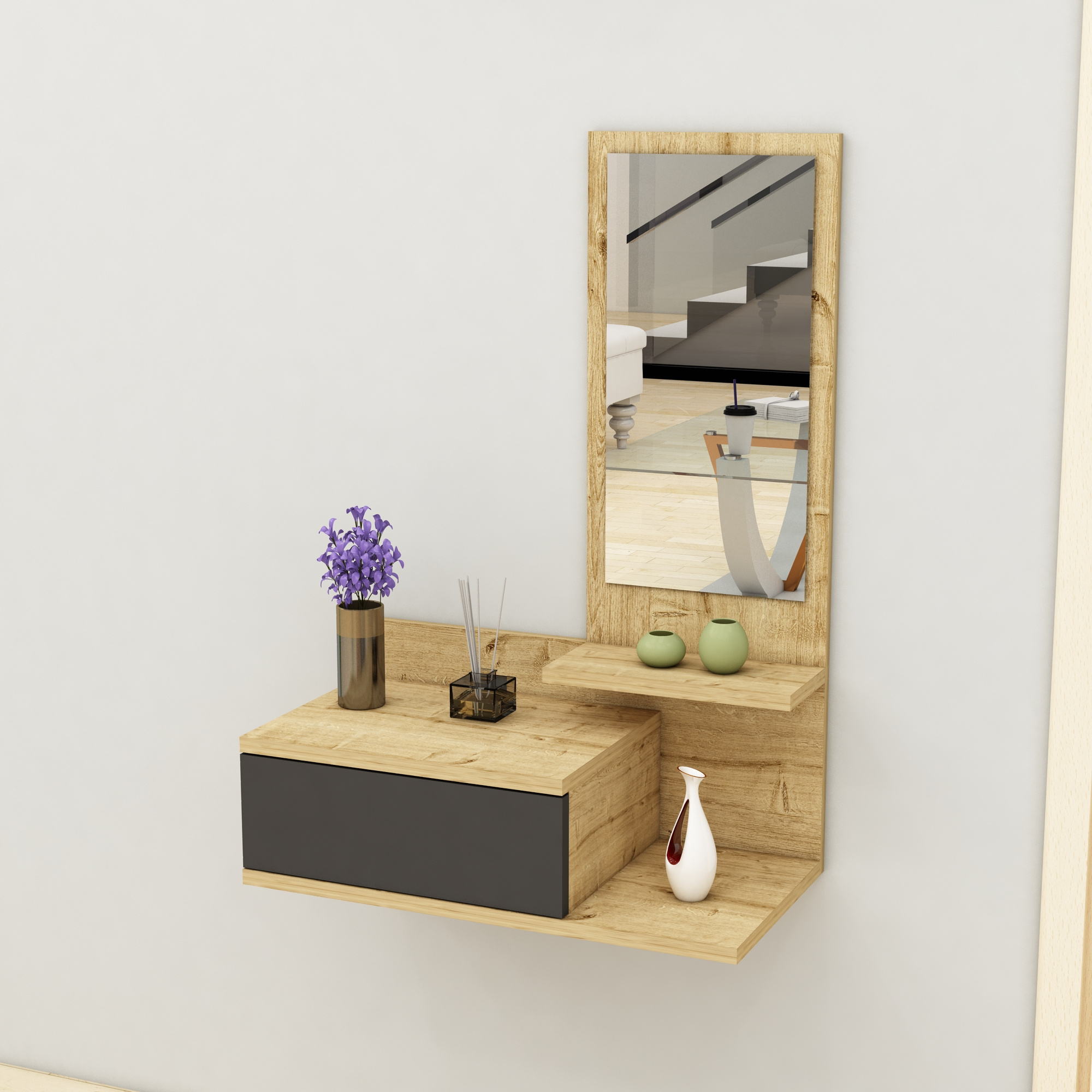 Cielo Dresuar with Drawer and Mirror -  Dark Grey & Oak Modern dresuar console table entryway table hallway table