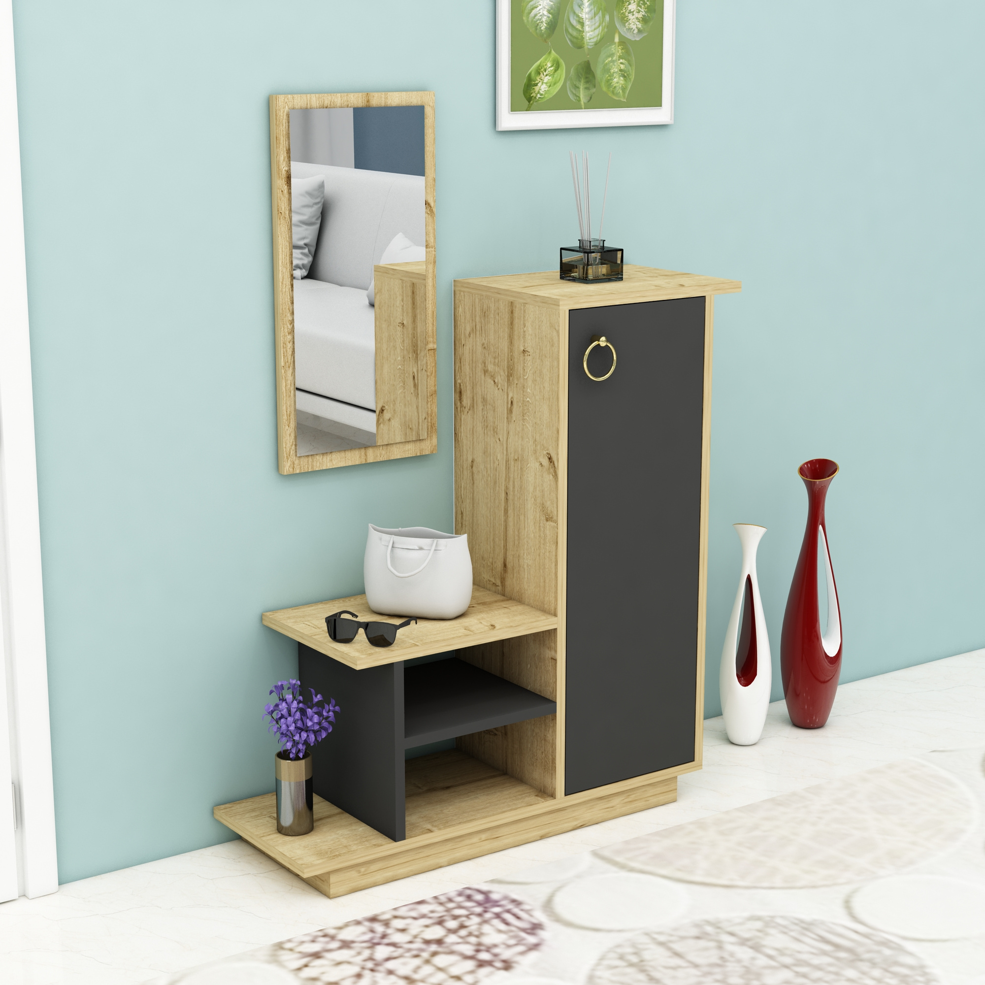 Albero Dresuar Console Table with Cabinet, Shelves and Mirror - Dark Grey & Oak  Modern dresuar console table