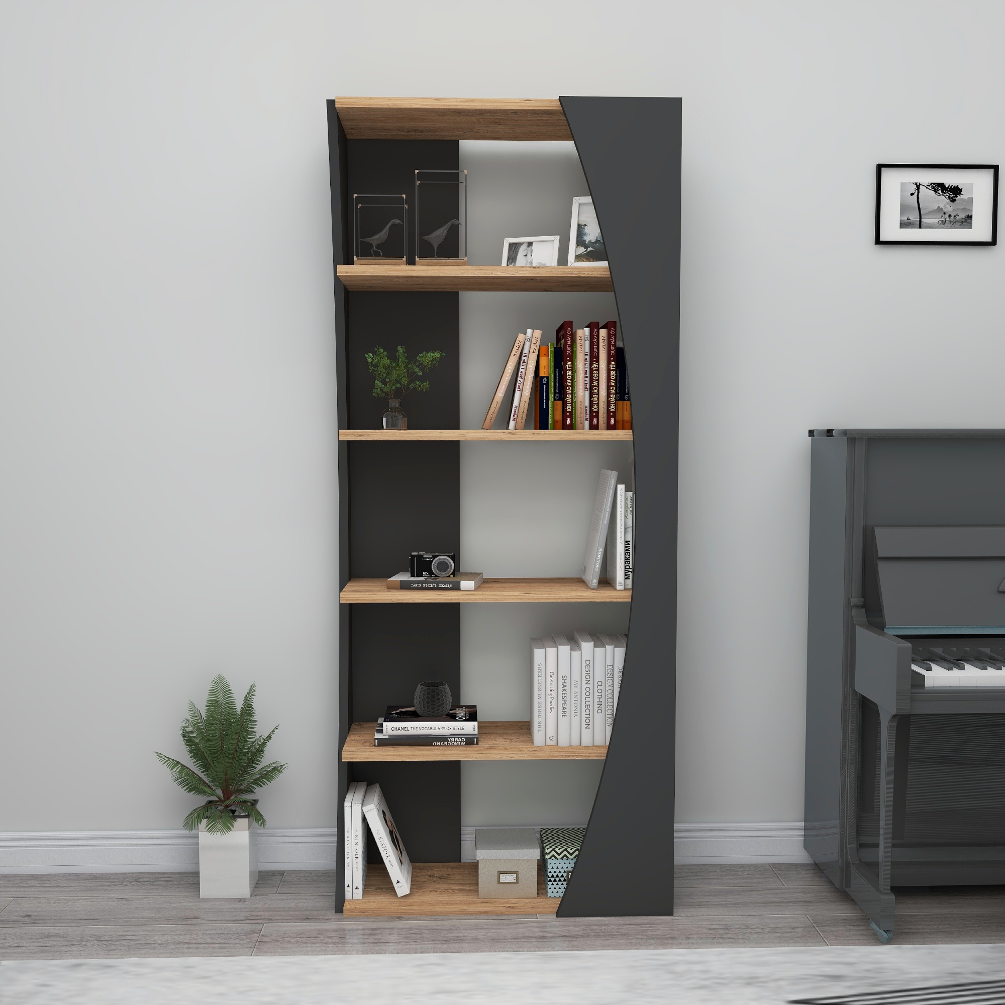 Nestor Modern Bookcase Bookshelf Shelving Unit Bookstore 5 Tier Unique Shelves for Home Office - Atlantic Pine & Anthracite