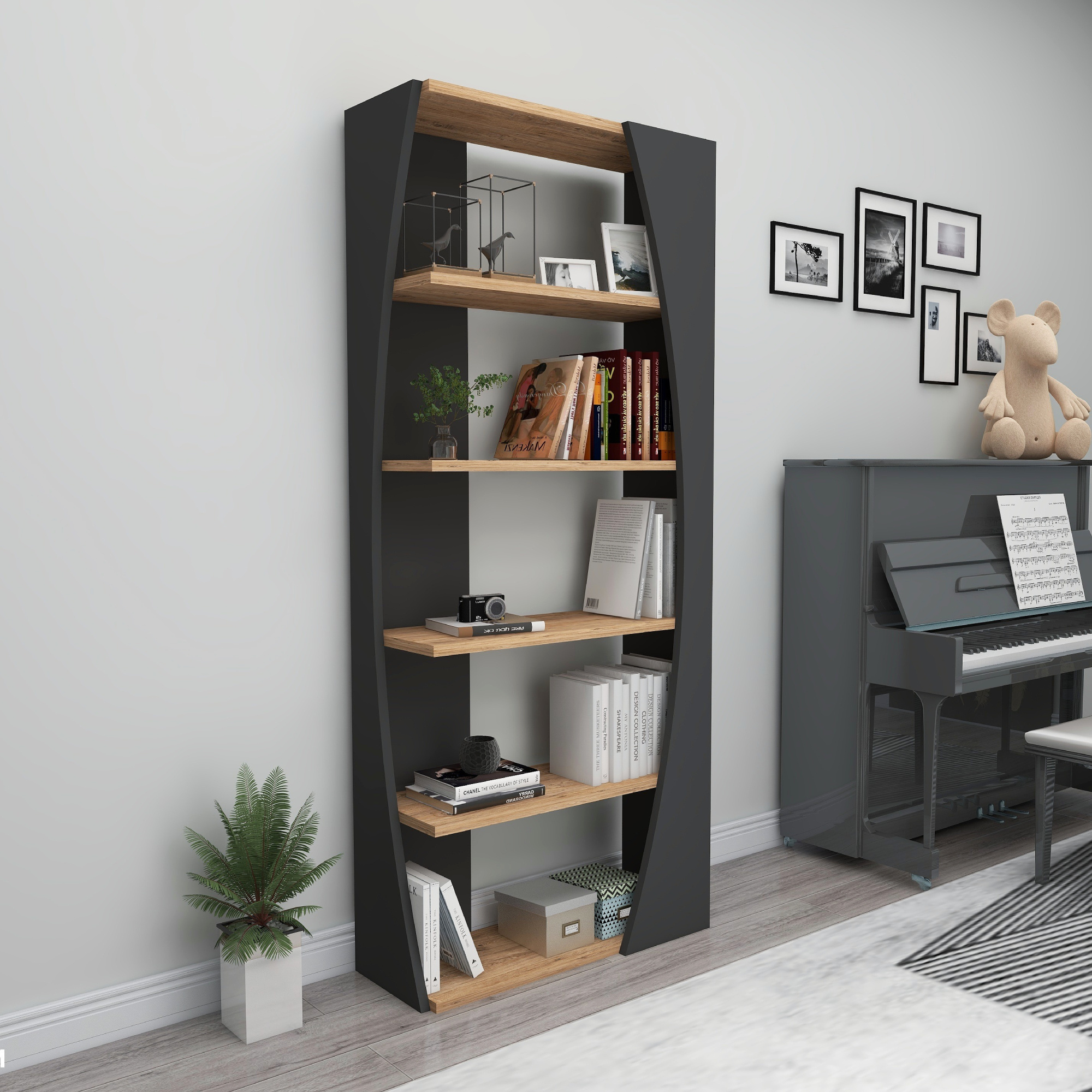 Nestor Modern Bookcase Bookshelf Shelving Unit Bookstore 5 Tier Unique Shelves for Home Office - Atlantic Pine & Anthracite