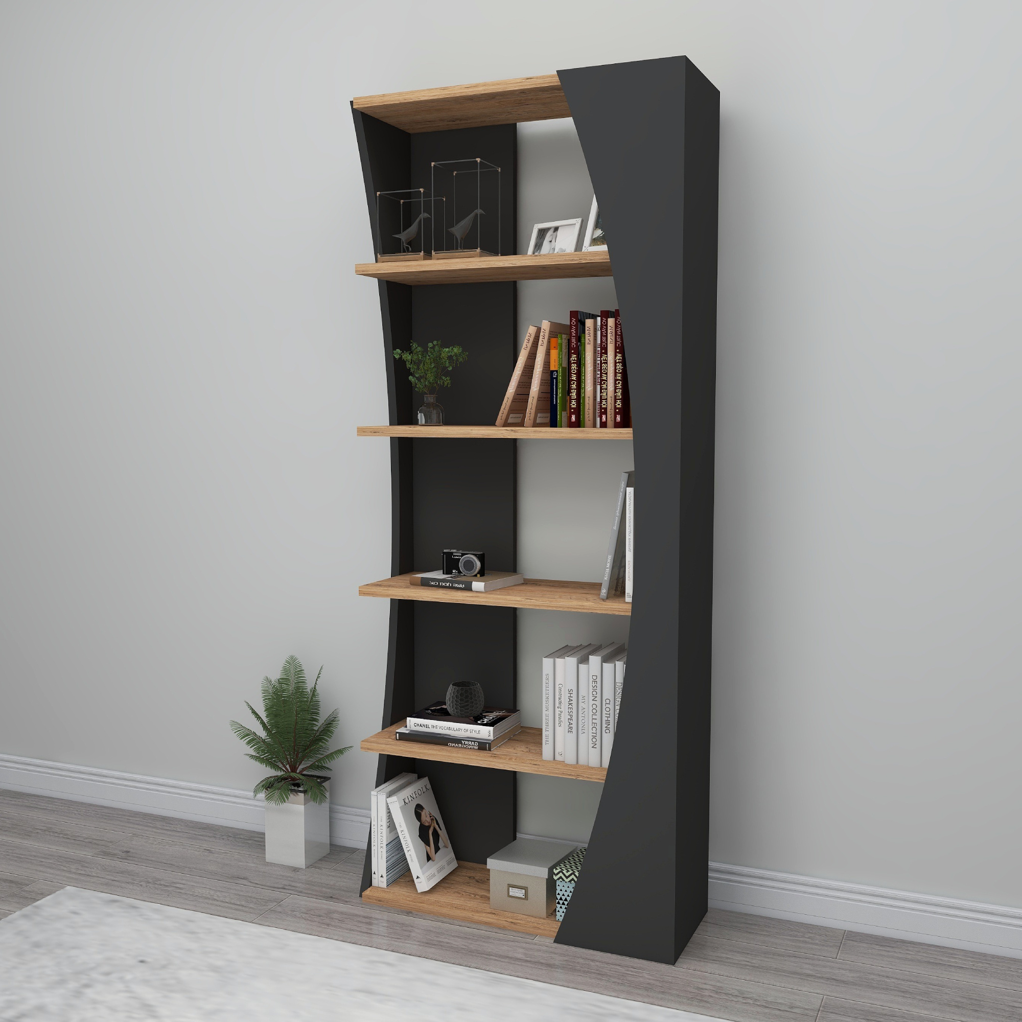 Nestor Modern Bookcase Bookshelf Shelving Unit Bookstore 5 Tier Unique Shelves for Home Office - Atlantic Pine & Anthracite