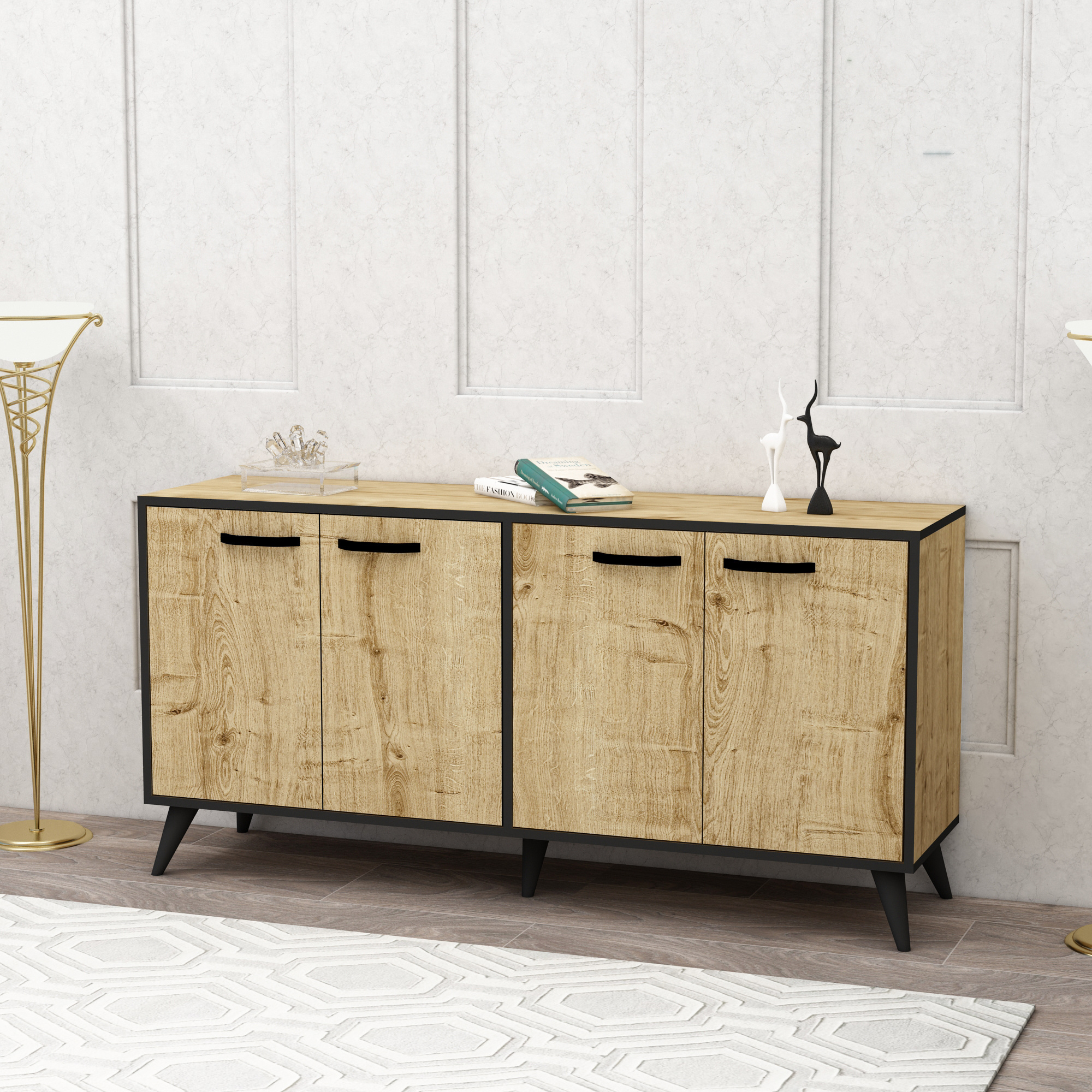 Crystal Sideboard with Cabinets - Oak & Black Band Modern sideboard buffet storage cabinet console Multi-Purpose Covered Dresser