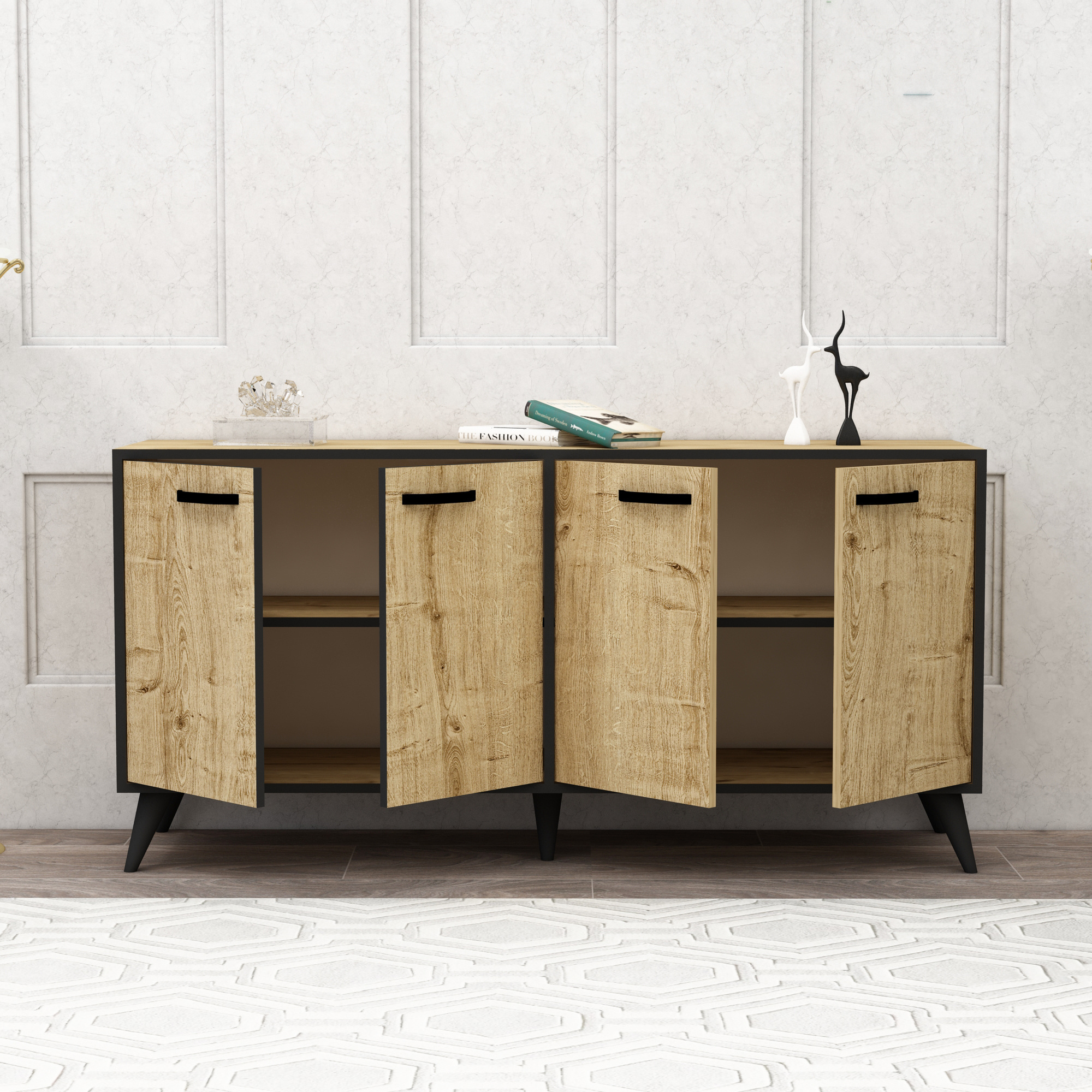 Crystal Sideboard with Cabinets - Oak & Black Band Modern sideboard buffet storage cabinet console Multi-Purpose Covered Dresser