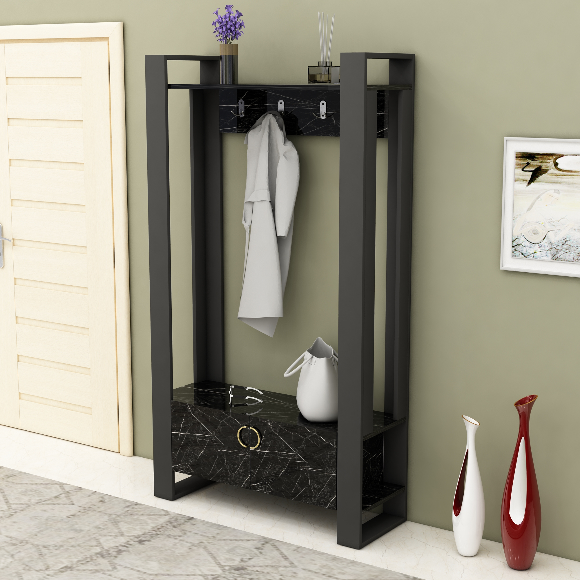 Flumen Entryway Coat Rack with Bench and Cabinet - Dark Grey & Black Marble Wooden Shoe Rack and hat rack storage unit