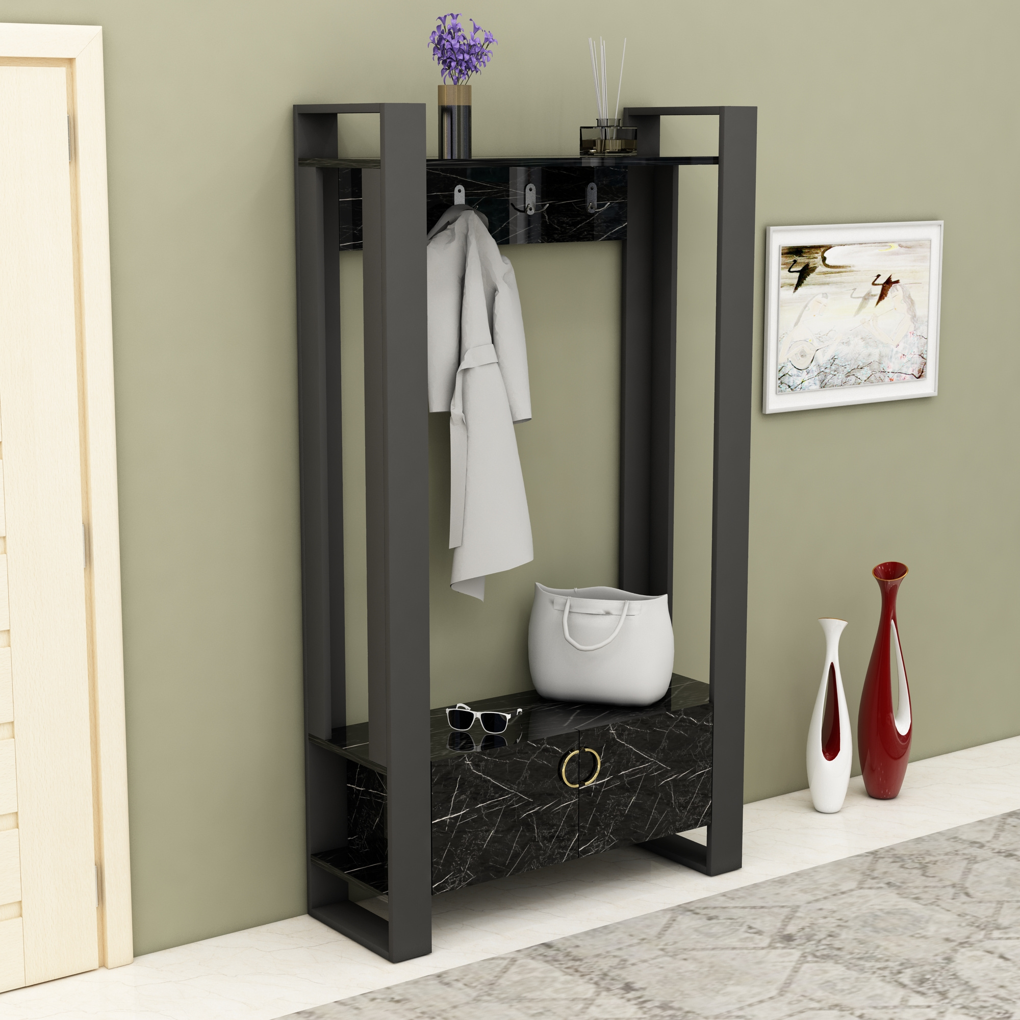 Flumen Entryway Coat Rack with Bench and Cabinet - Dark Grey & Black Marble Wooden Shoe Rack and hat rack storage unit