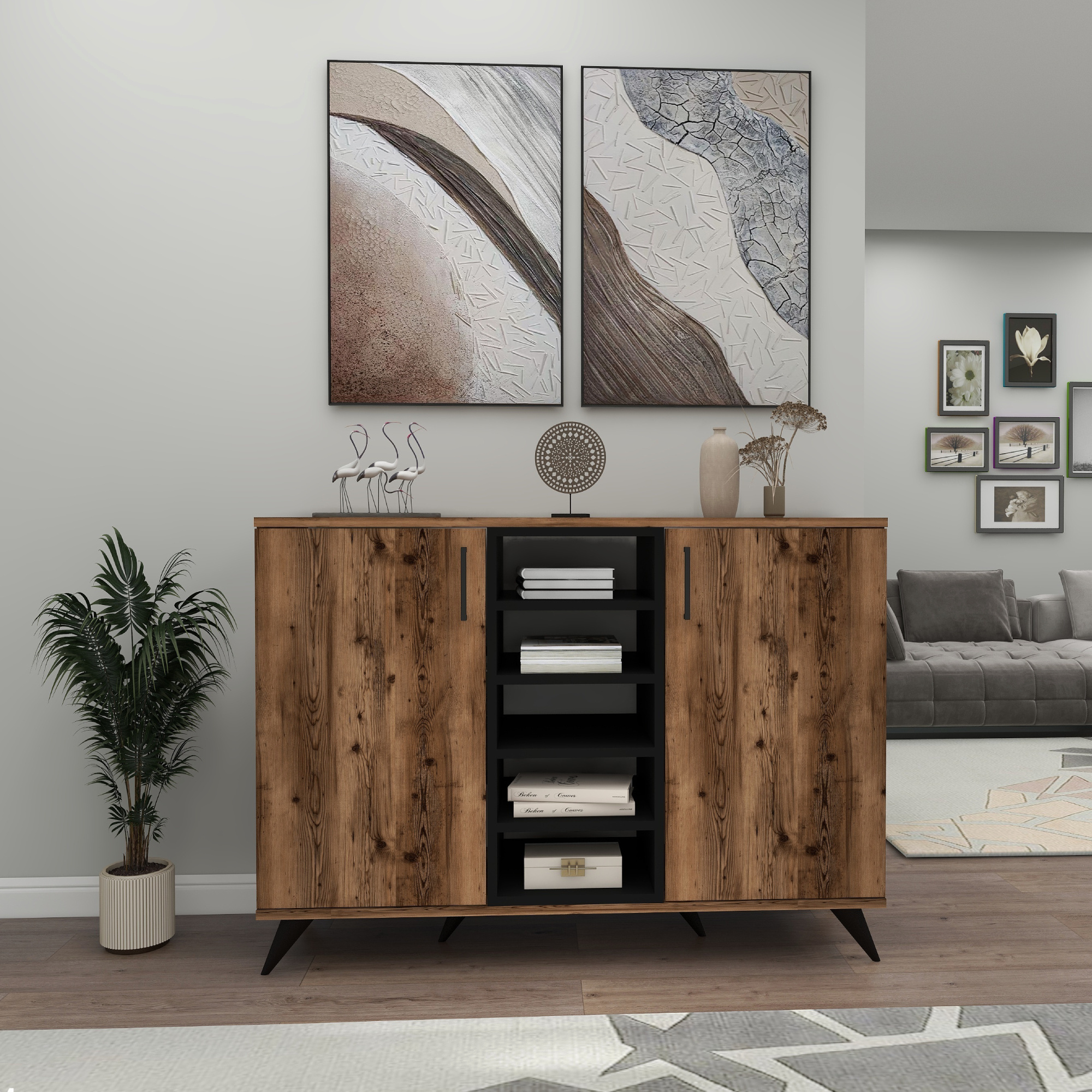 Octavia Sideboard with Cabinets and Shelves -Light Walnut sideboard buffet storage cabinet console Multi-Purpose Covered Dresser