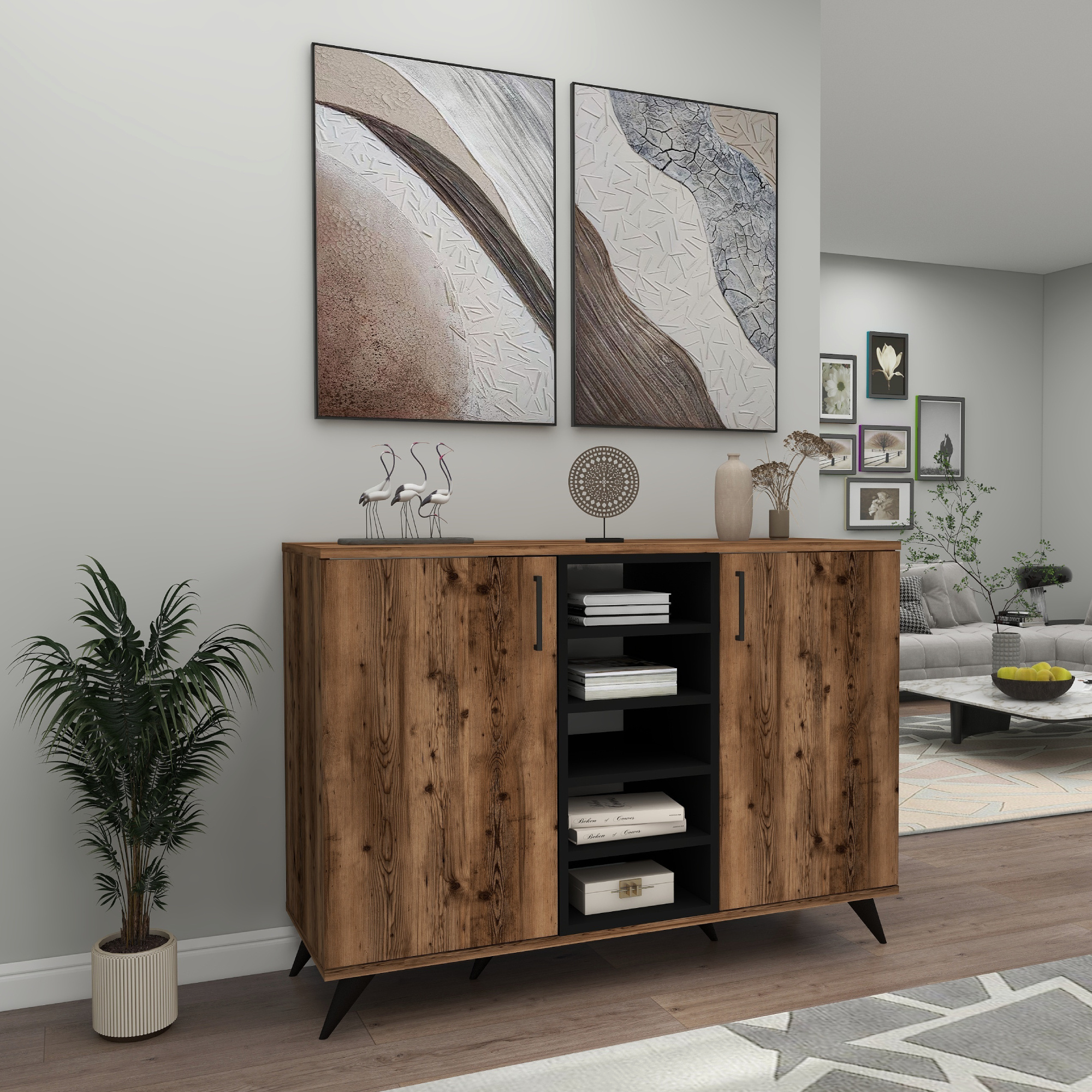 Octavia Sideboard with Cabinets and Shelves -Light Walnut sideboard buffet storage cabinet console Multi-Purpose Covered Dresser