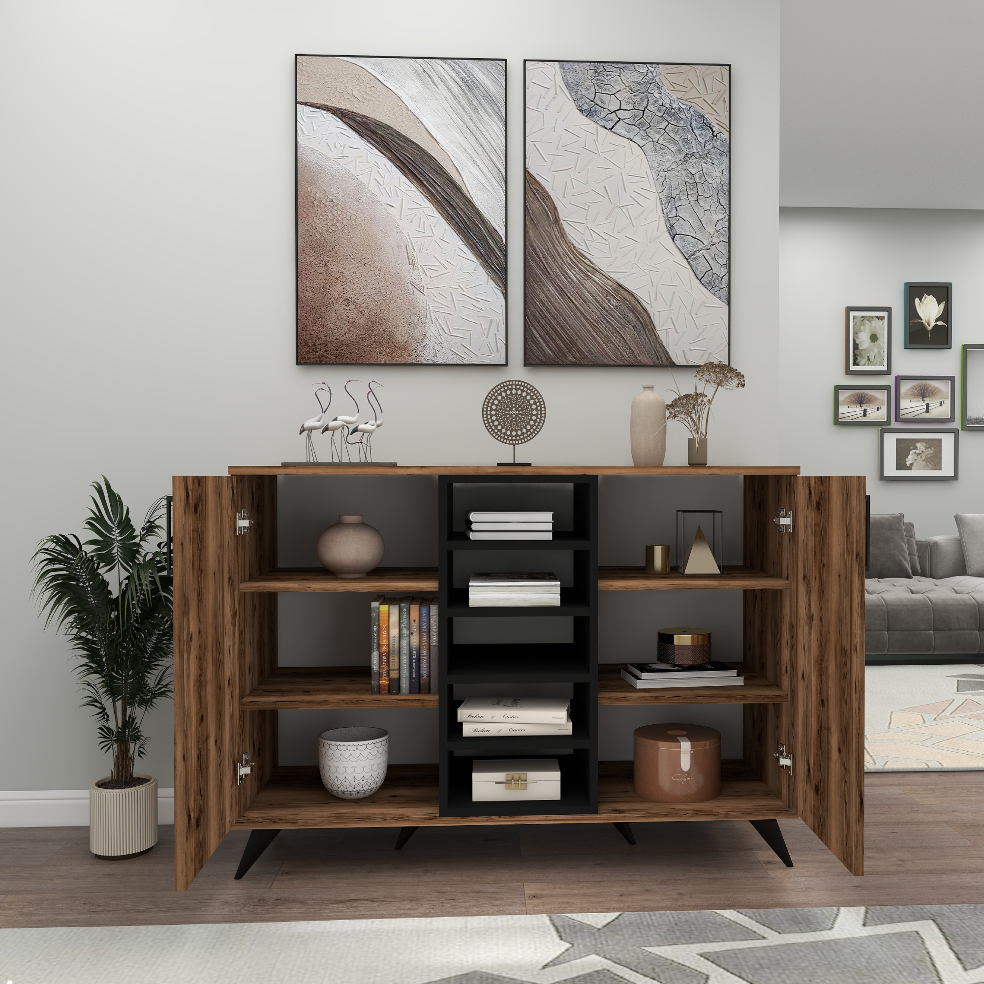 Octavia Sideboard with Cabinets and Shelves -Light Walnut sideboard buffet storage cabinet console Multi-Purpose Covered Dresser