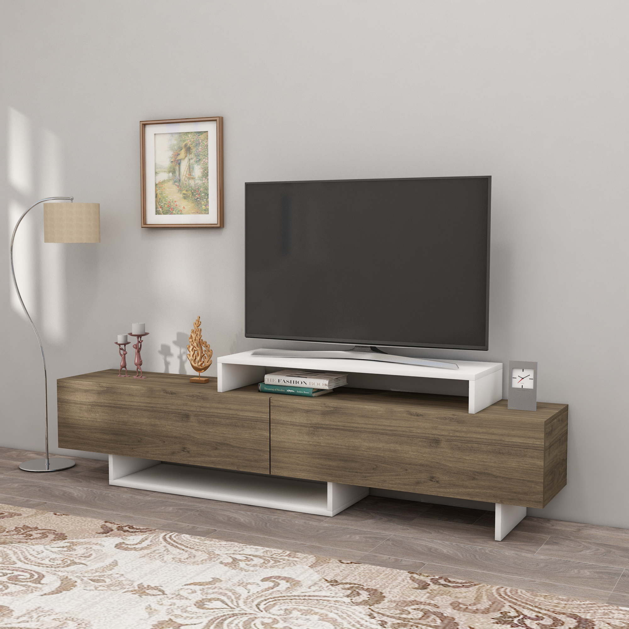 Ivano 180 cm TV Stand Entertainment Center TV Cabinet TV Unit TV Lowboard TV Table with Closed & Open Shelves - Walnut & White