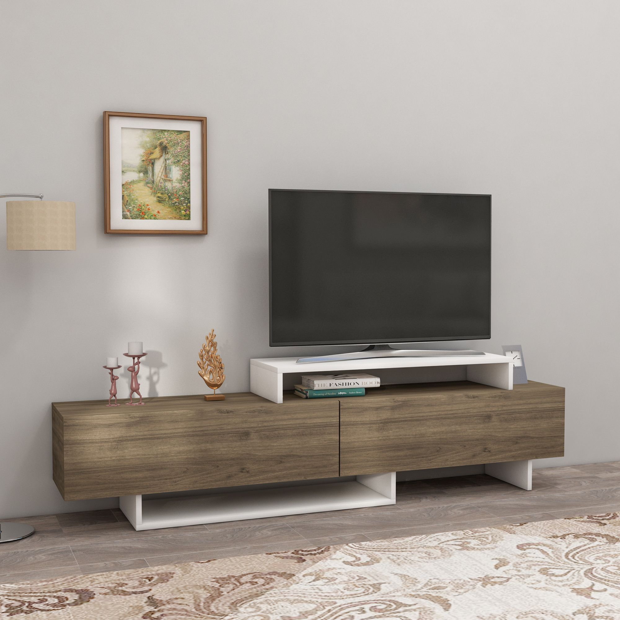 Ivano 180 cm TV Stand Entertainment Center TV Cabinet TV Unit TV Lowboard TV Table with Closed & Open Shelves - Walnut & White