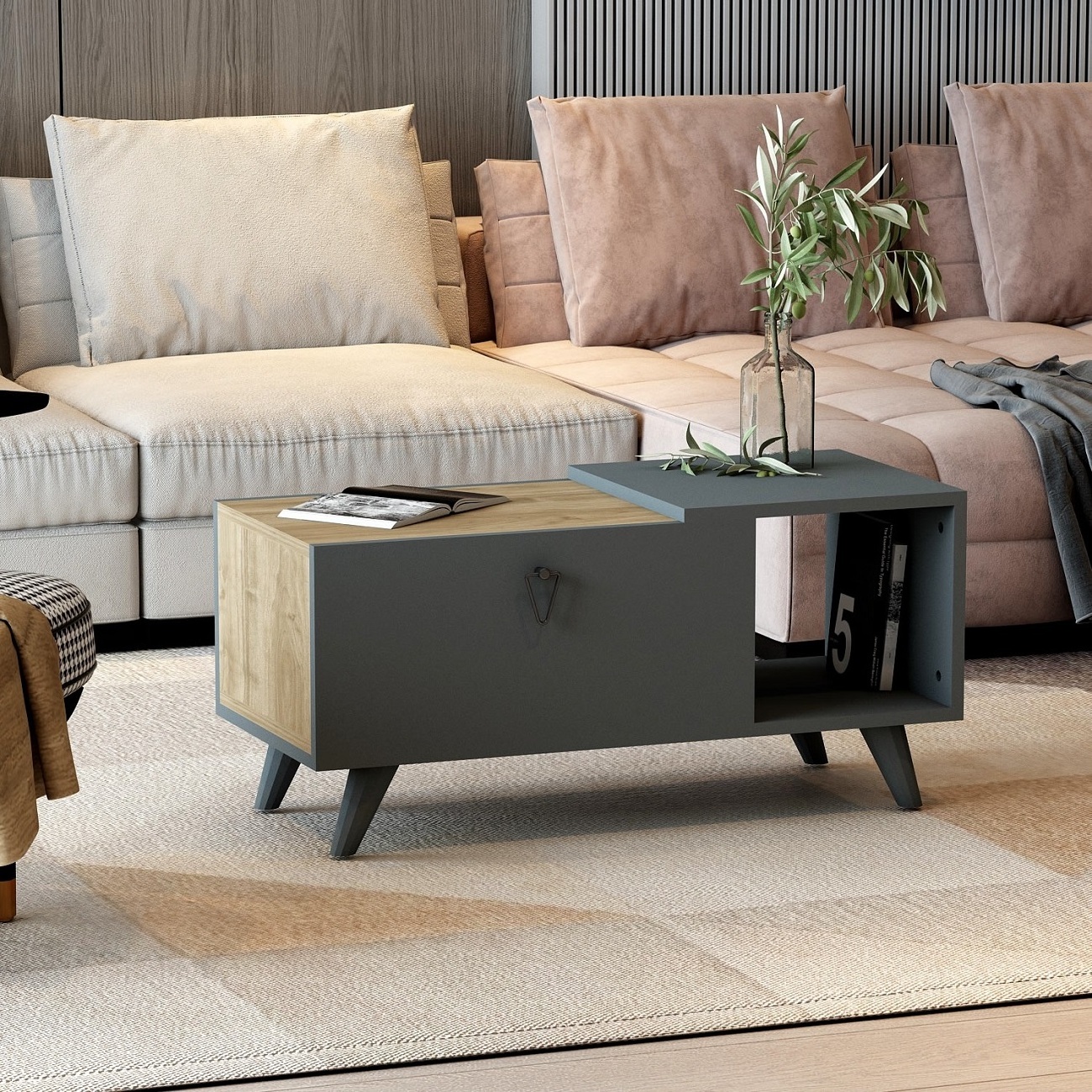 Alisya Coffee Table with Storage Unit  Living Room Home Office Wooden Cocktail Accent Table - Light Walnut & Black