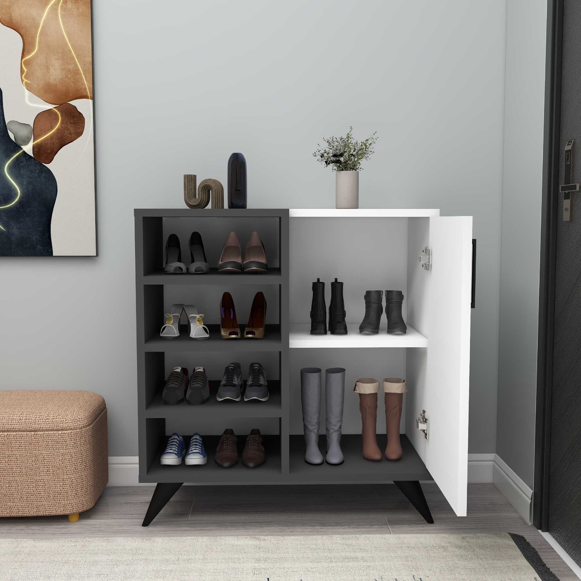 Fiona Shoe Storage Shelf with Cabinet - White - Anthracite Shoe Rack With Wooden Cover cabinet storage shelf shoe rack