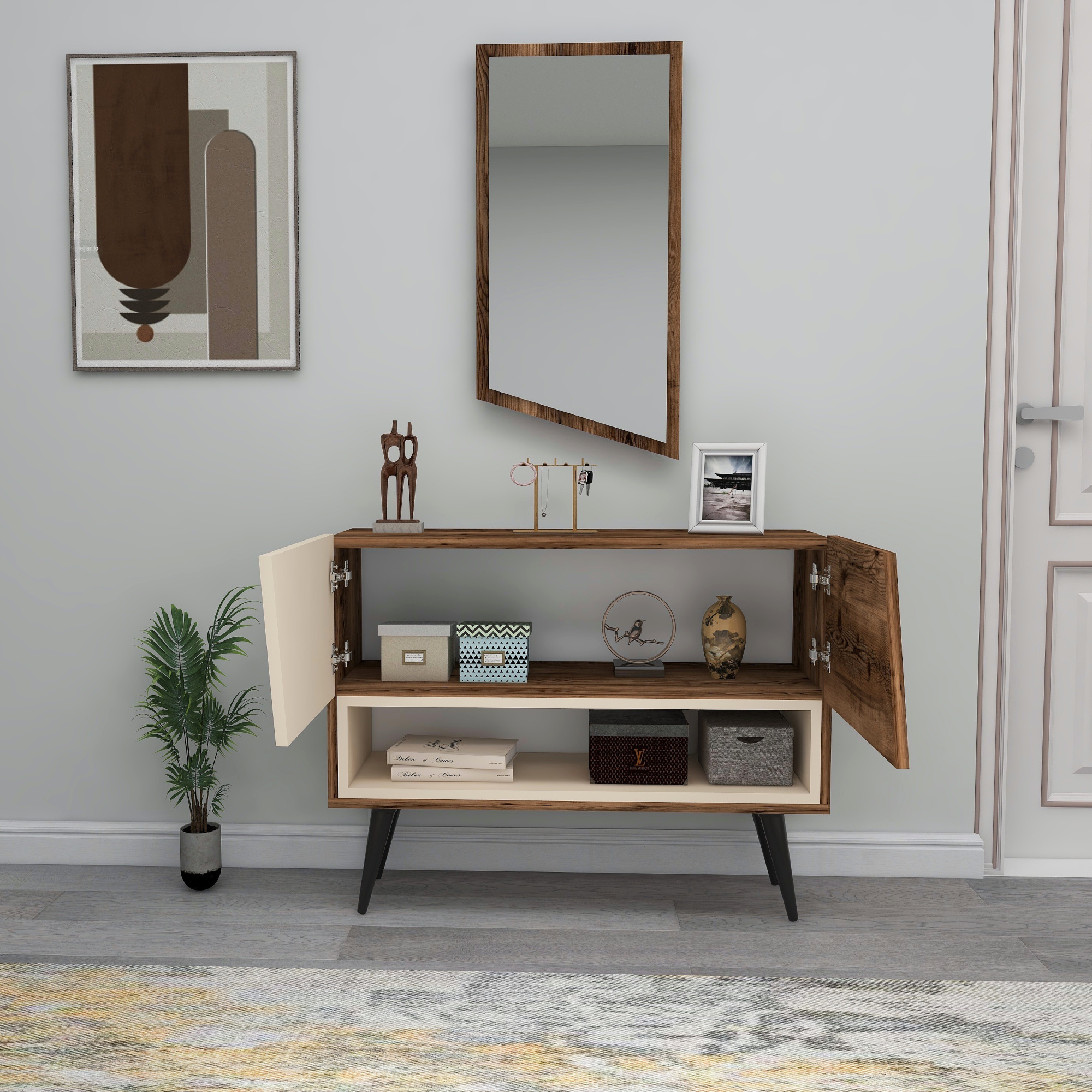 Curve Dresuar Console Table with Framed Mirror - Light Walnut & Beige 80x40 cm Modern Wardrobe with Door