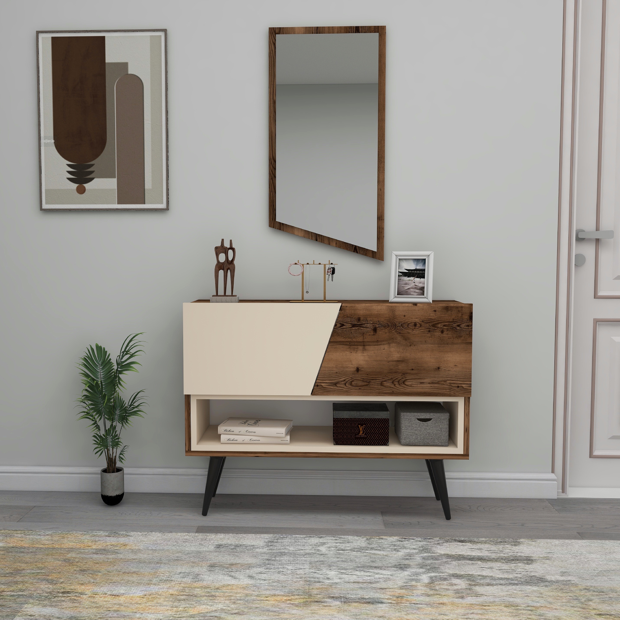 Curve Dresuar Console Table with Framed Mirror - Light Walnut & Beige 80x40 cm Modern Wardrobe with Door