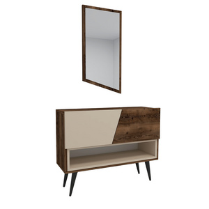 Curve Dresuar Console Table with Framed Mirror - Light Walnut & Beige 80x40 cm Modern Wardrobe with Door