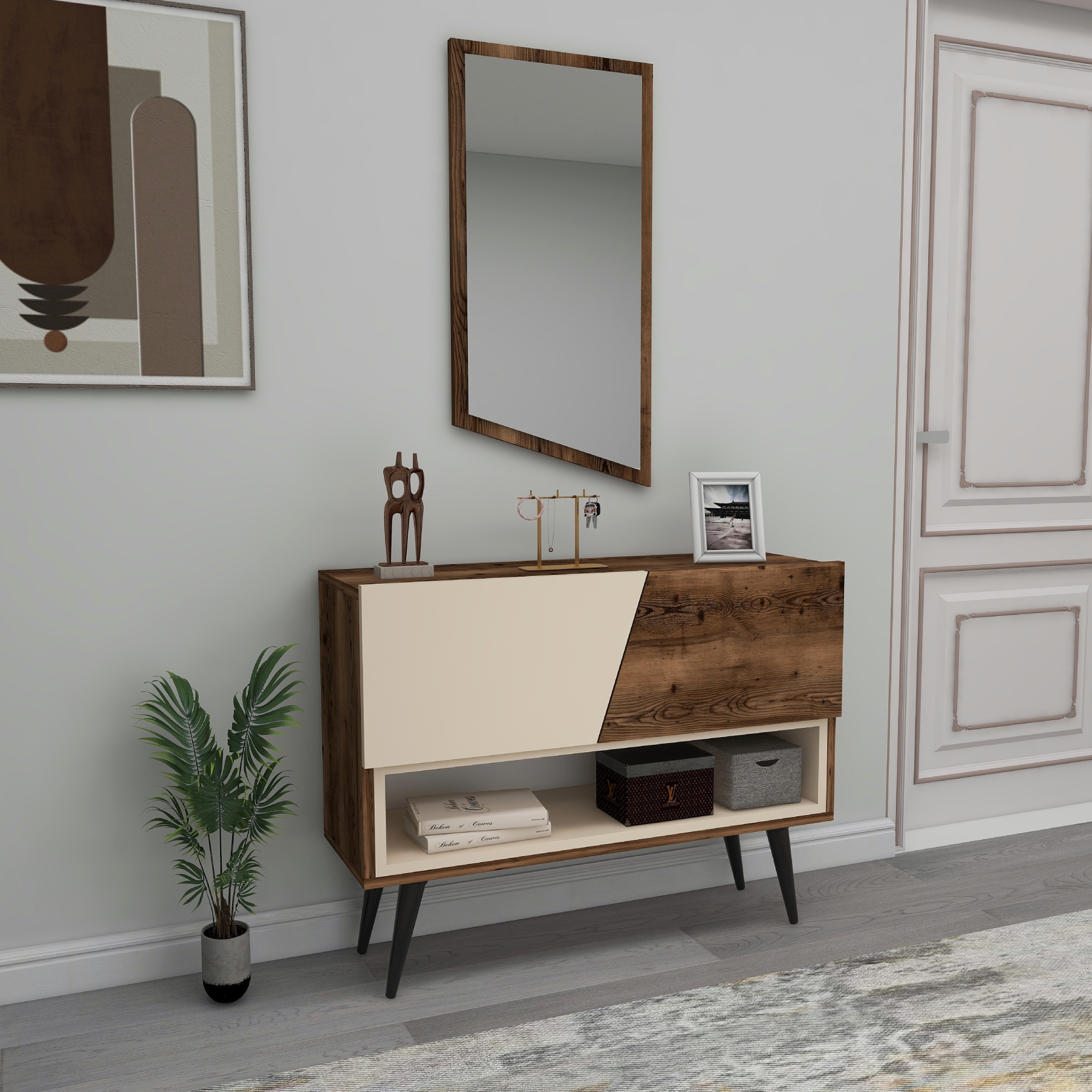 Curve Dresuar Console Table with Framed Mirror - Light Walnut & Beige 80x40 cm Modern Wardrobe with Door