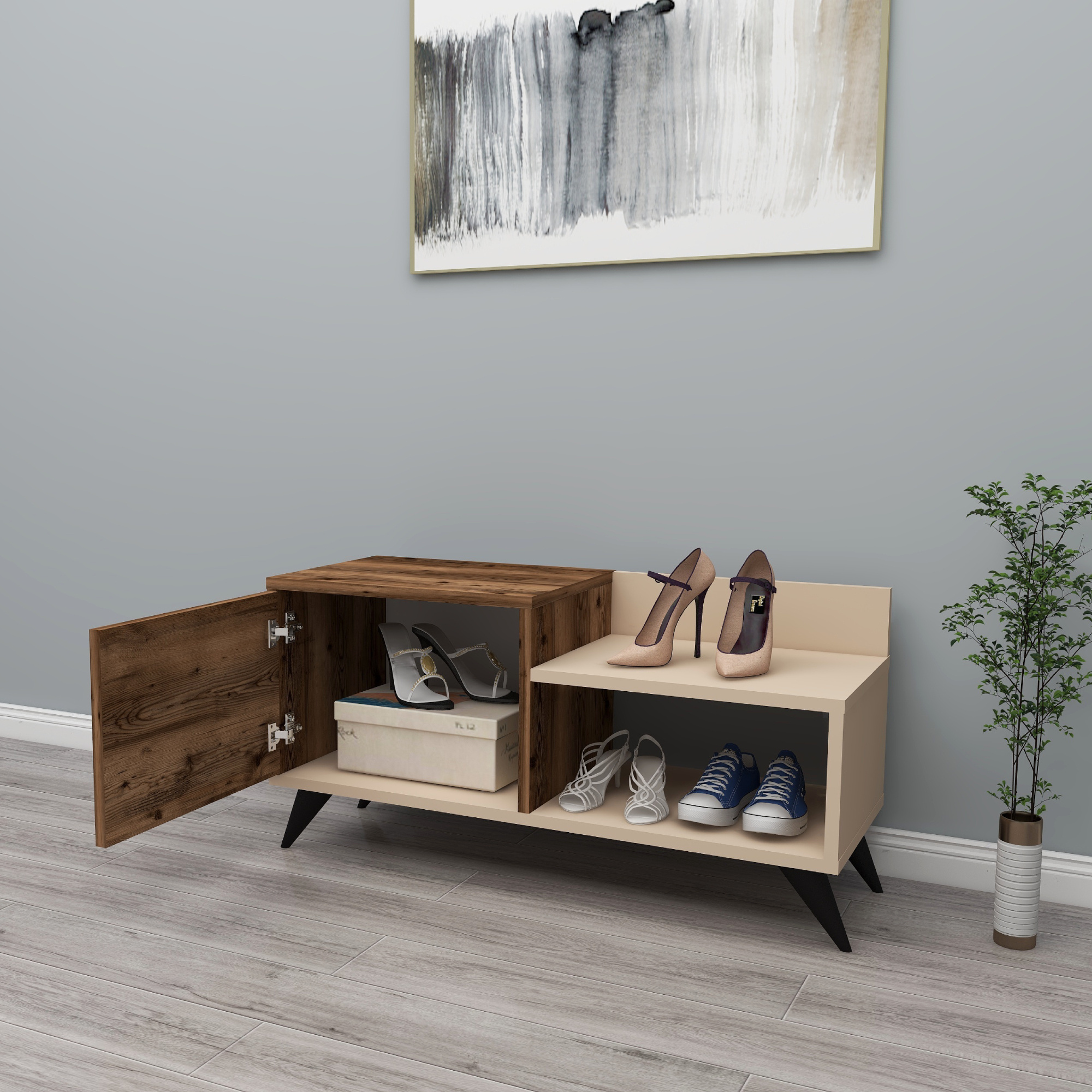 Cepos Shoe Storage Shelf with Cabinet - Light Walnut - Beige Shoe Storage, Melamine Finish, 18 mm Thick Manufactured Wood