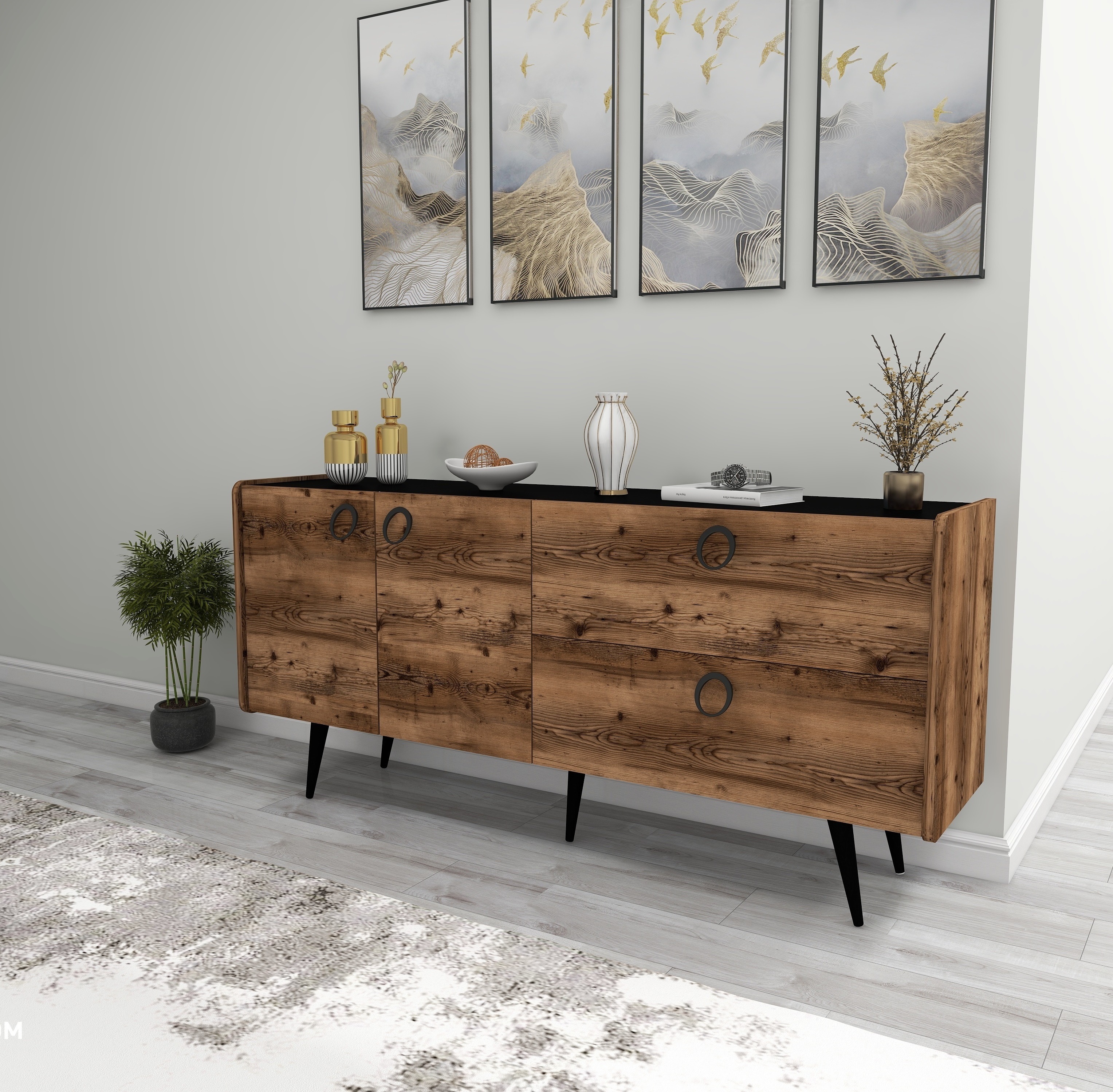 Farelle Sideboard with Cabinets -  Light Walnut & Black Sideboard buffet storage cabinet console Multi-Purpose Covered Dresser