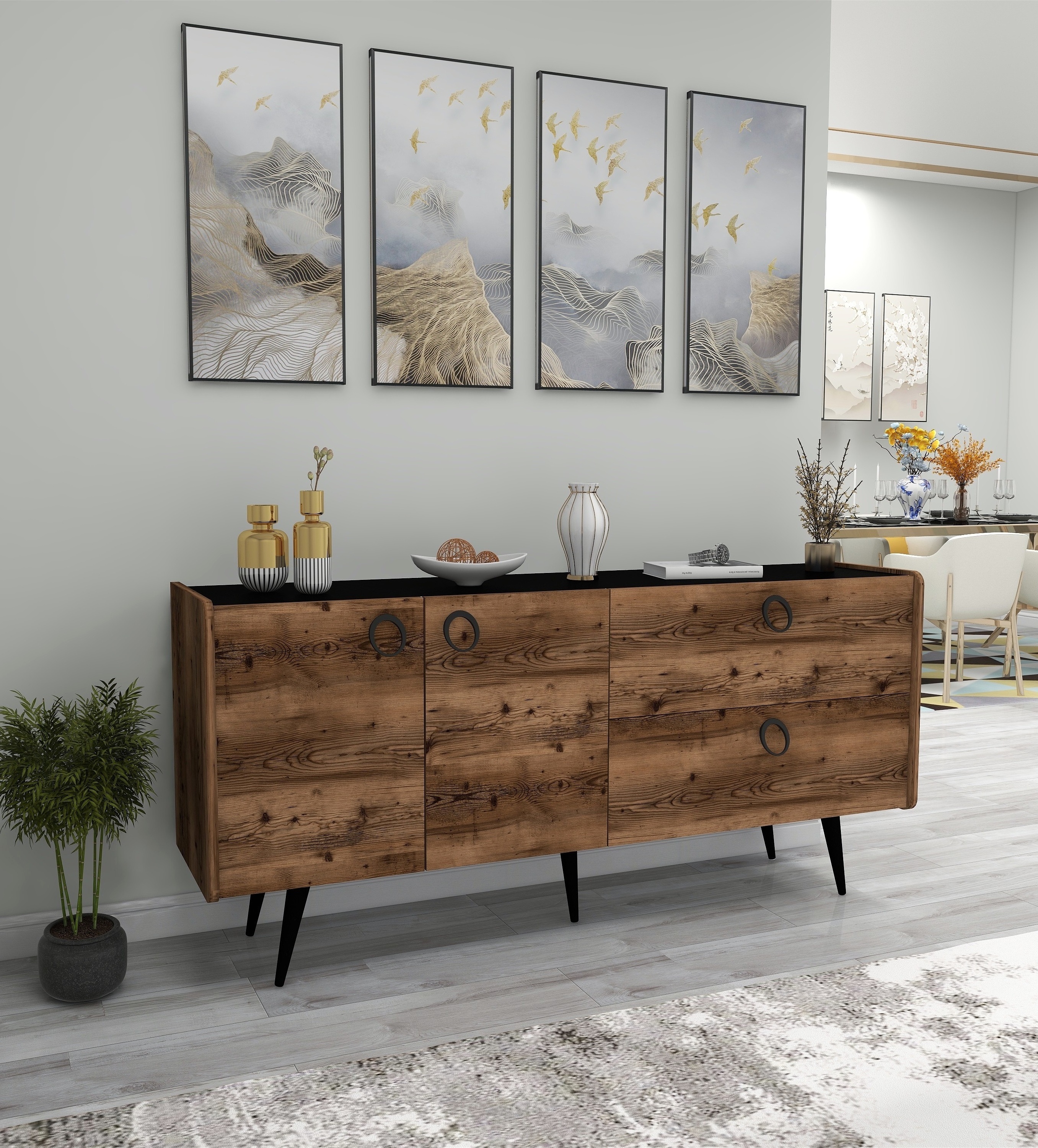 Farelle Sideboard with Cabinets -  Light Walnut & Black Sideboard buffet storage cabinet console Multi-Purpose Covered Dresser