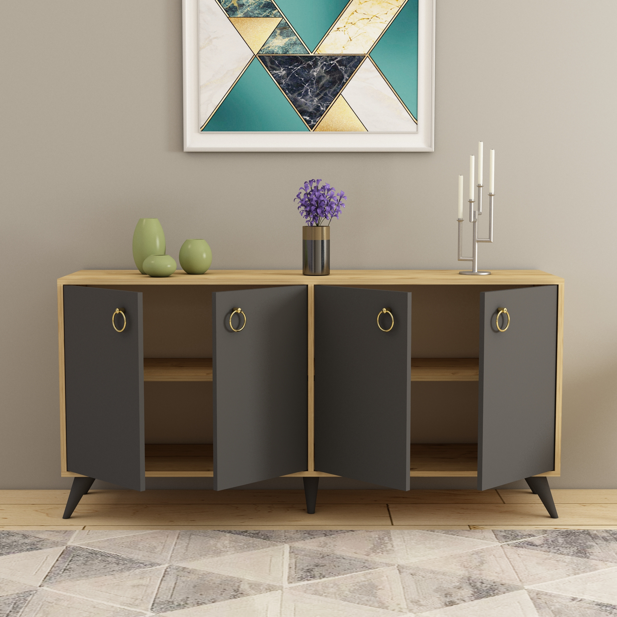 Ariana Sideboard with Cabinets - Oak & Dark Grey Modern sideboard buffet storage cabinet console Multi-Purpose Covered Dresser