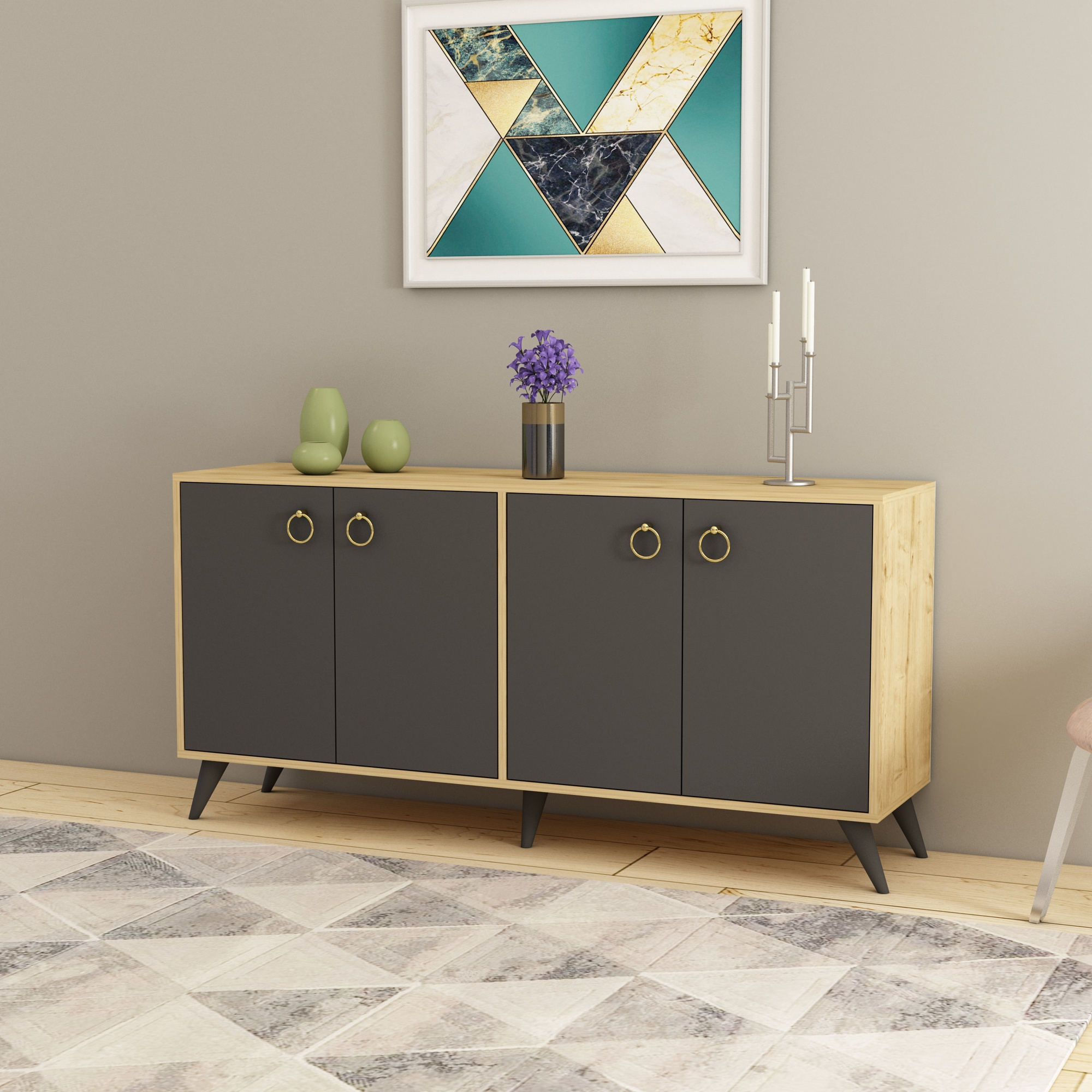 Ariana Sideboard with Cabinets - Oak & Dark Grey Modern sideboard buffet storage cabinet console Multi-Purpose Covered Dresser