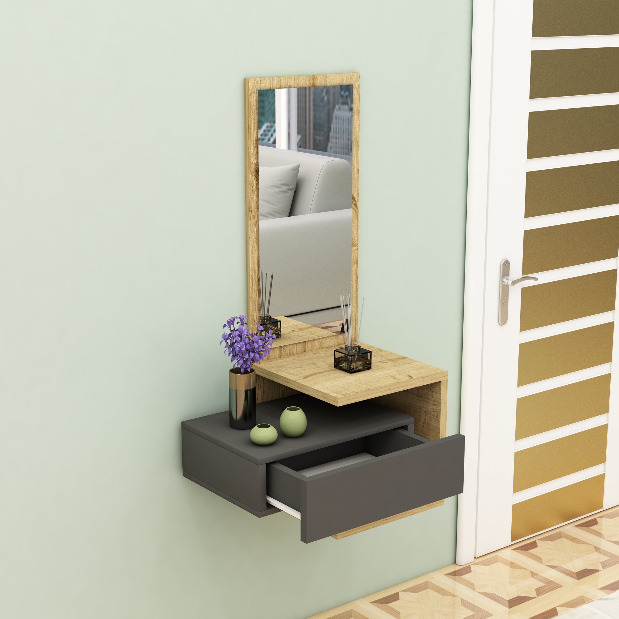 Riveno Dresuar with Drawer and Mirror -Dark Grey & Oak   Modern dresuar console table table  hallway table