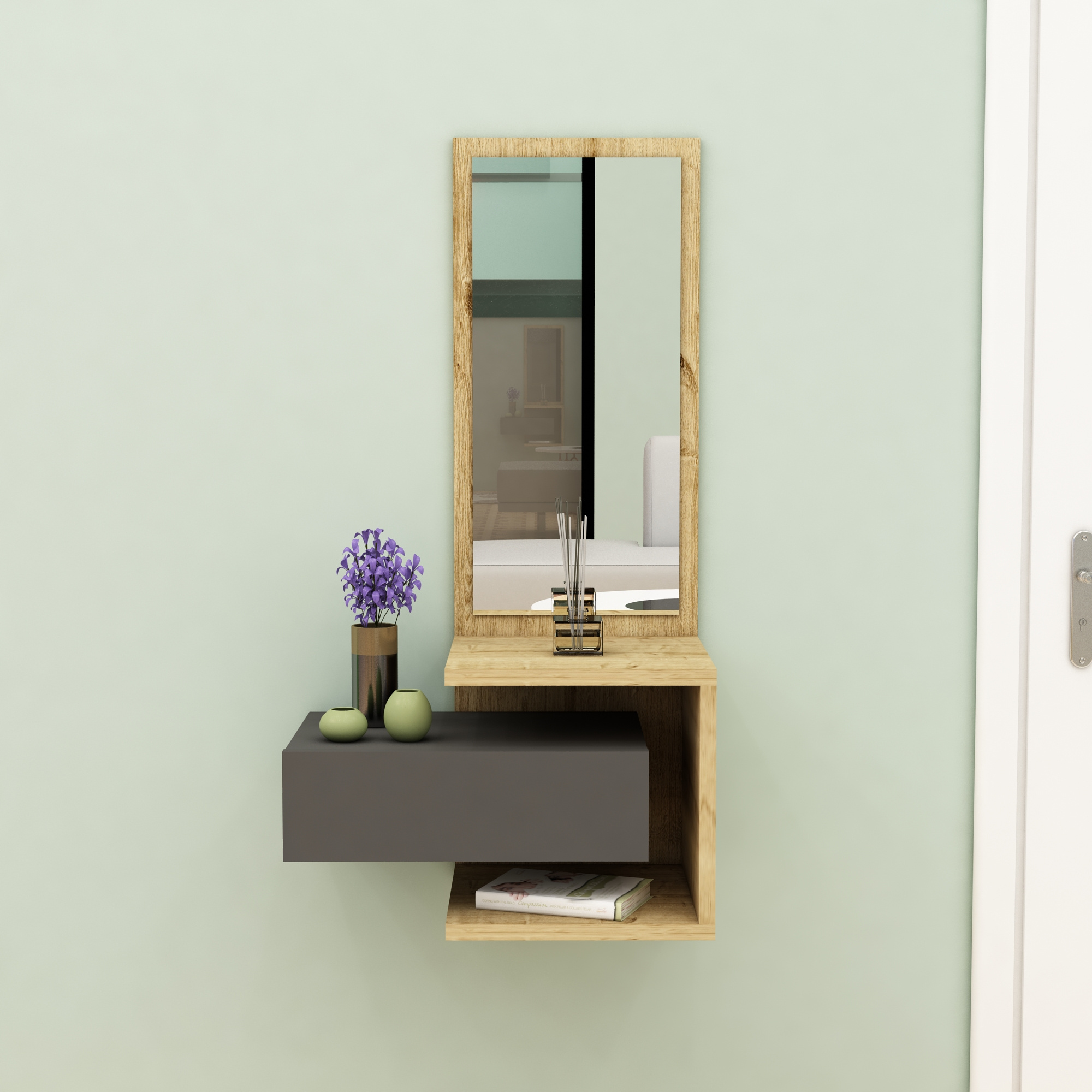 Riveno Dresuar with Drawer and Mirror -Dark Grey & Oak   Modern dresuar console table table  hallway table