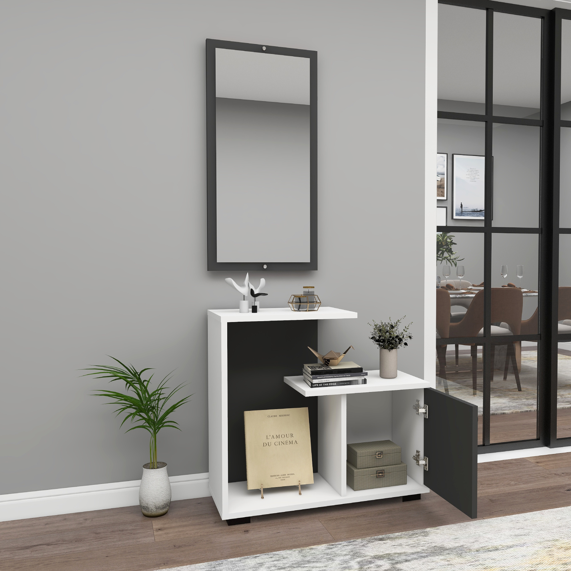 Ales Dresuar Console Table with Cabinet, Shelves and Mirror -  White & Anthracite Modern dresuar console table