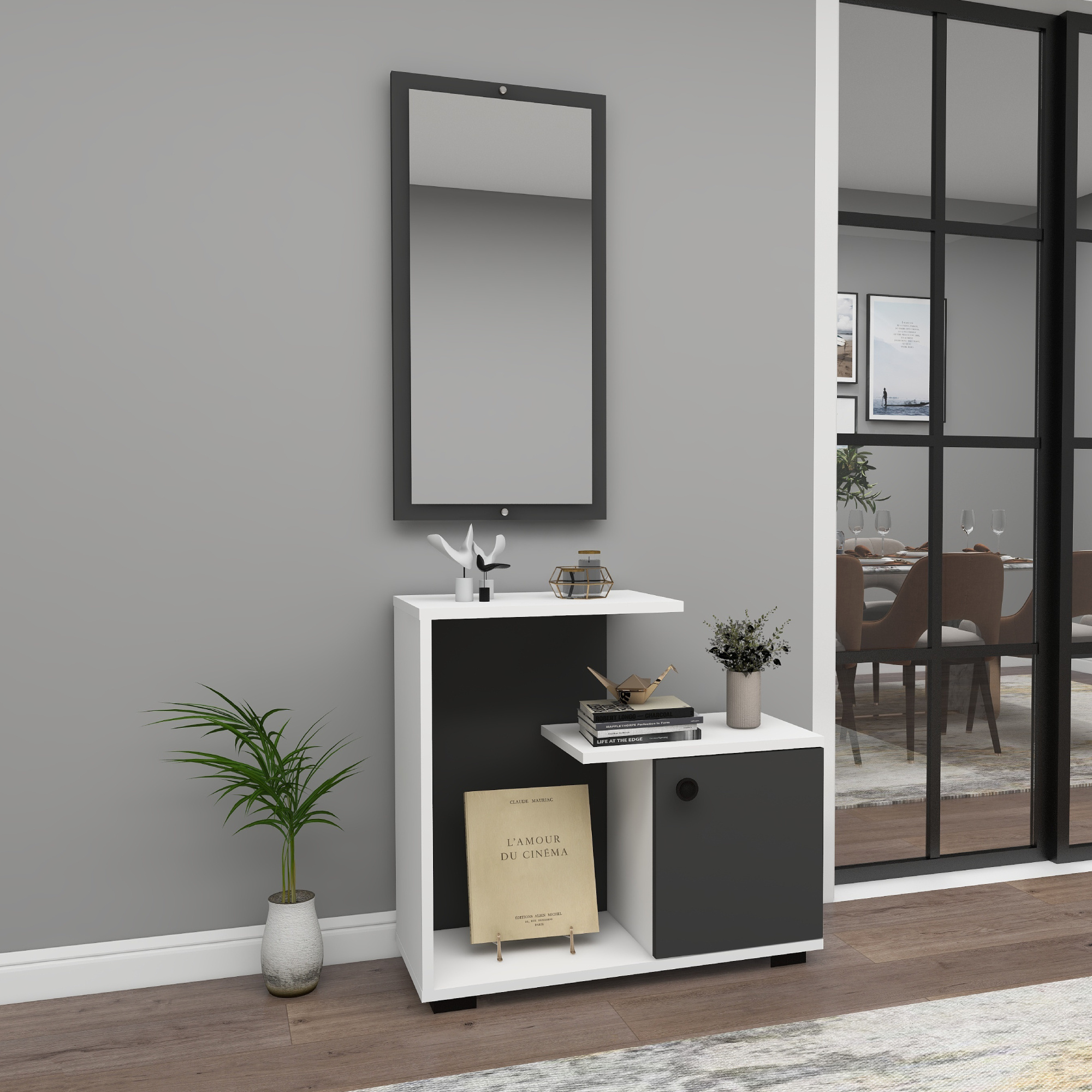 Ales Dresuar Console Table with Cabinet, Shelves and Mirror -  White & Anthracite Modern dresuar console table