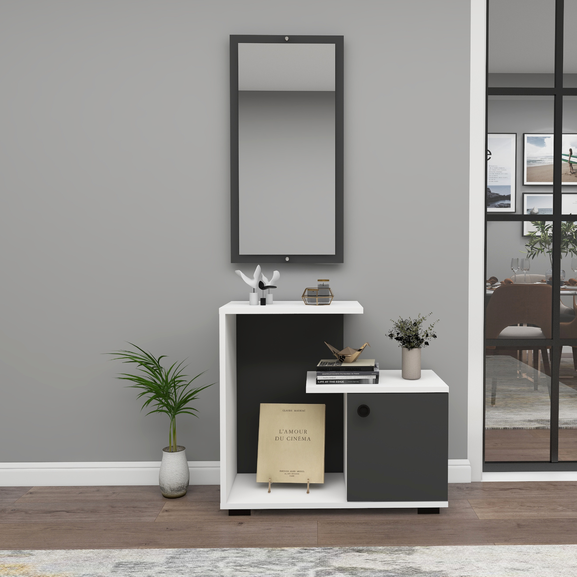 Ales Dresuar Console Table with Cabinet, Shelves and Mirror -  White & Anthracite Modern dresuar console table