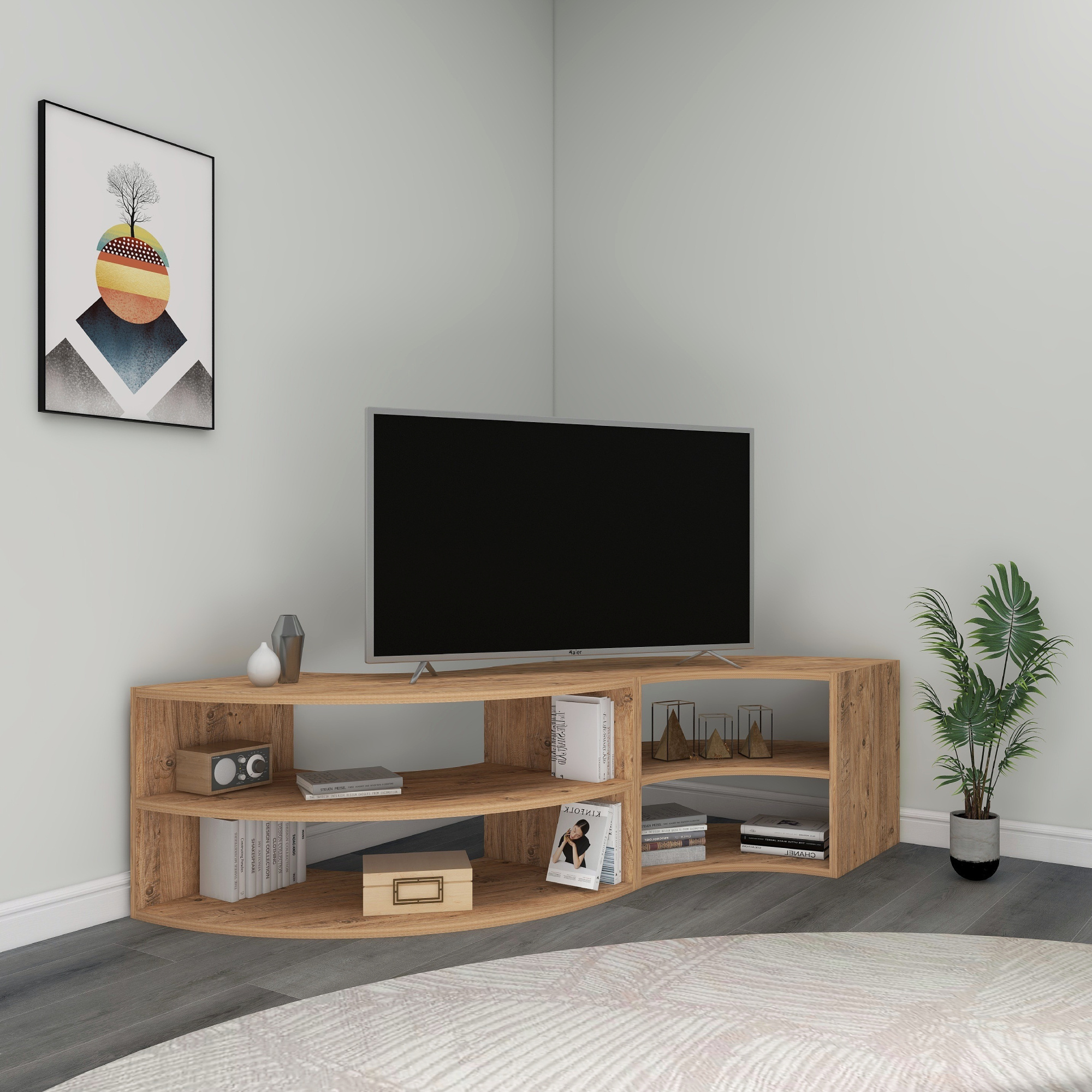 Melitta 177 cm Corner TV Stand TV Cabinet Media Table Entertainment Center TV Unit with Oval Shelves for Home - Atlantic Pine