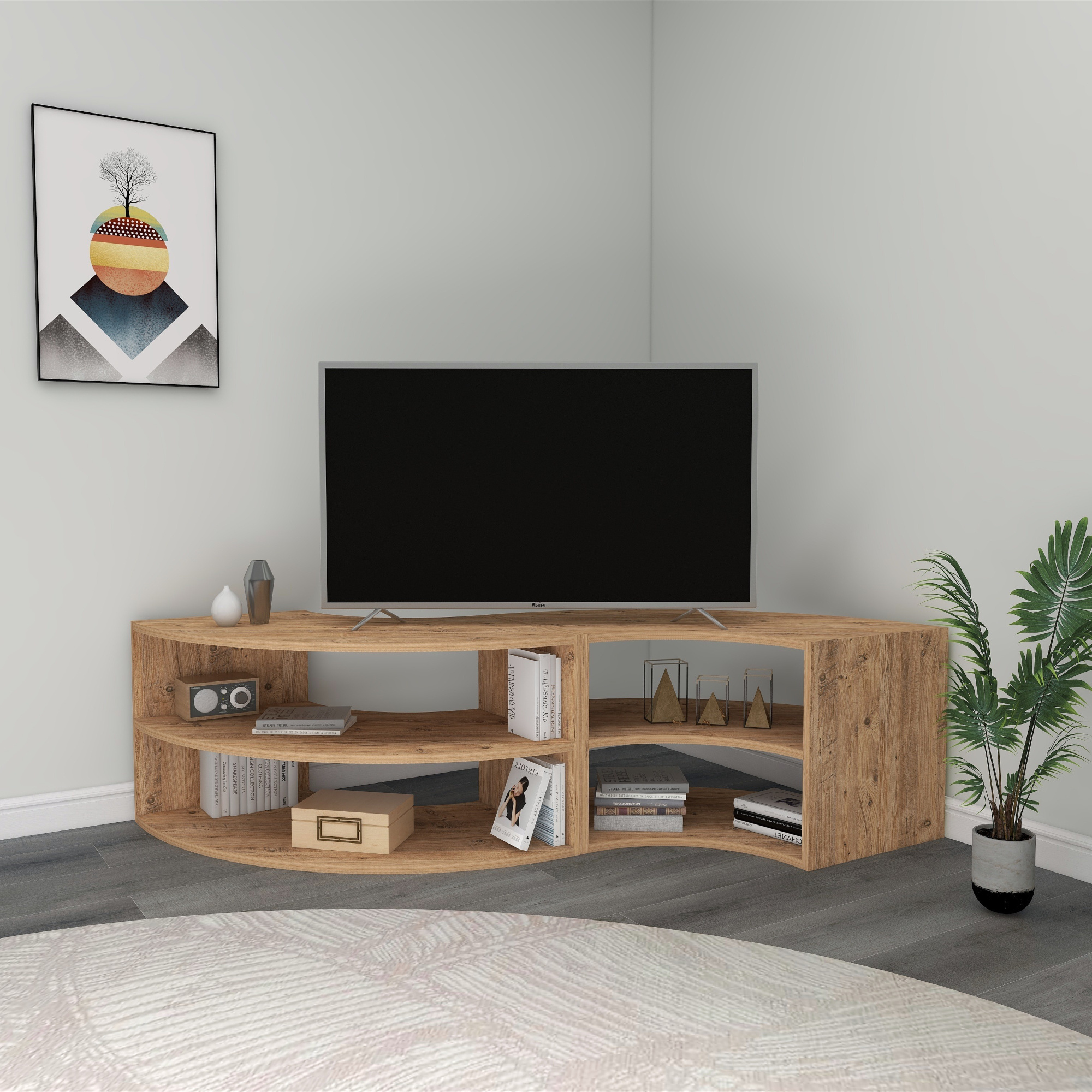 Melitta 177 cm Corner TV Stand TV Cabinet Media Table Entertainment Center TV Unit with Oval Shelves for Home - Atlantic Pine