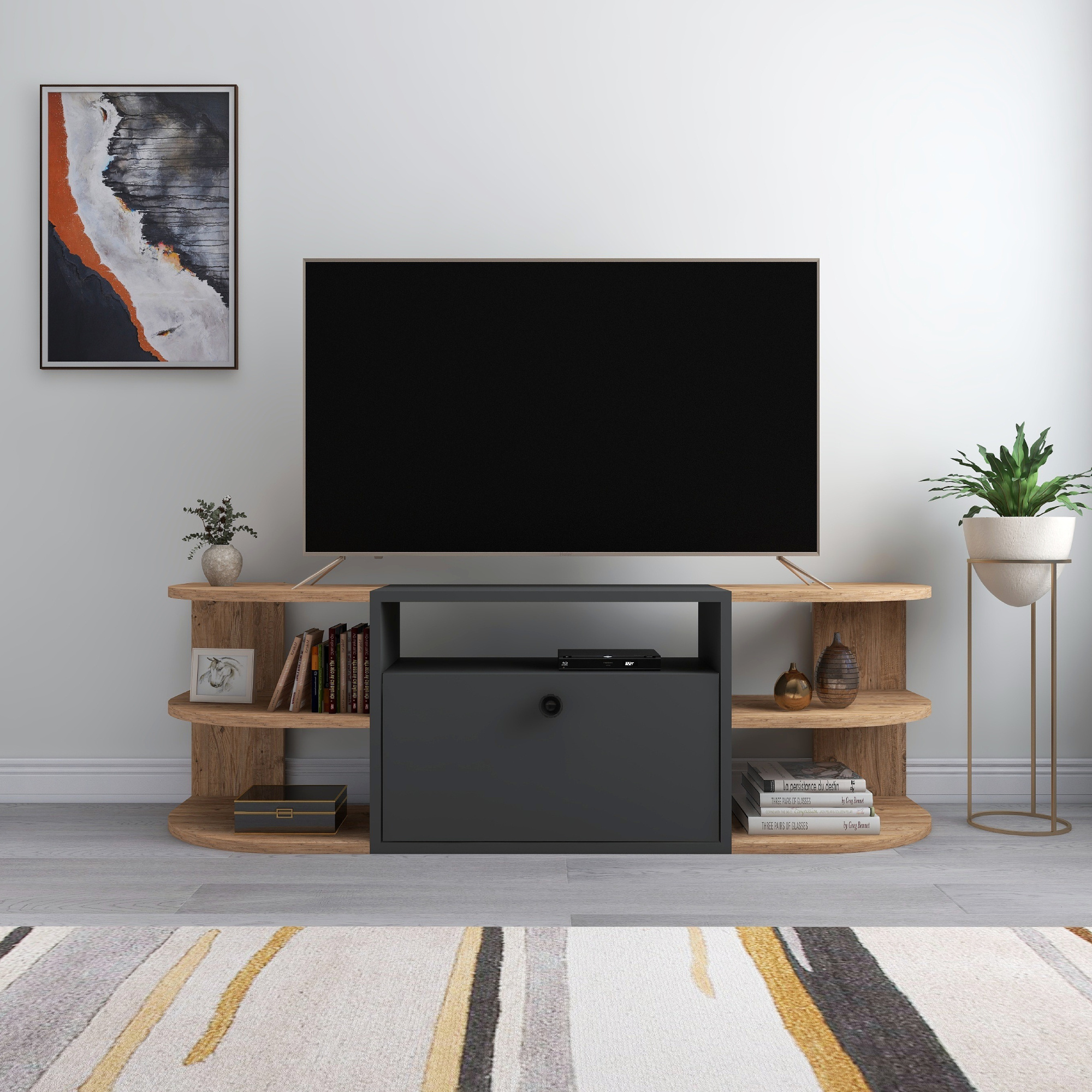 Tresa 140 cm TV Stand TV Cabinet Media Entertainment Center with Closed Storage and Oval Shelves - Atlantic Pine & Anthracite