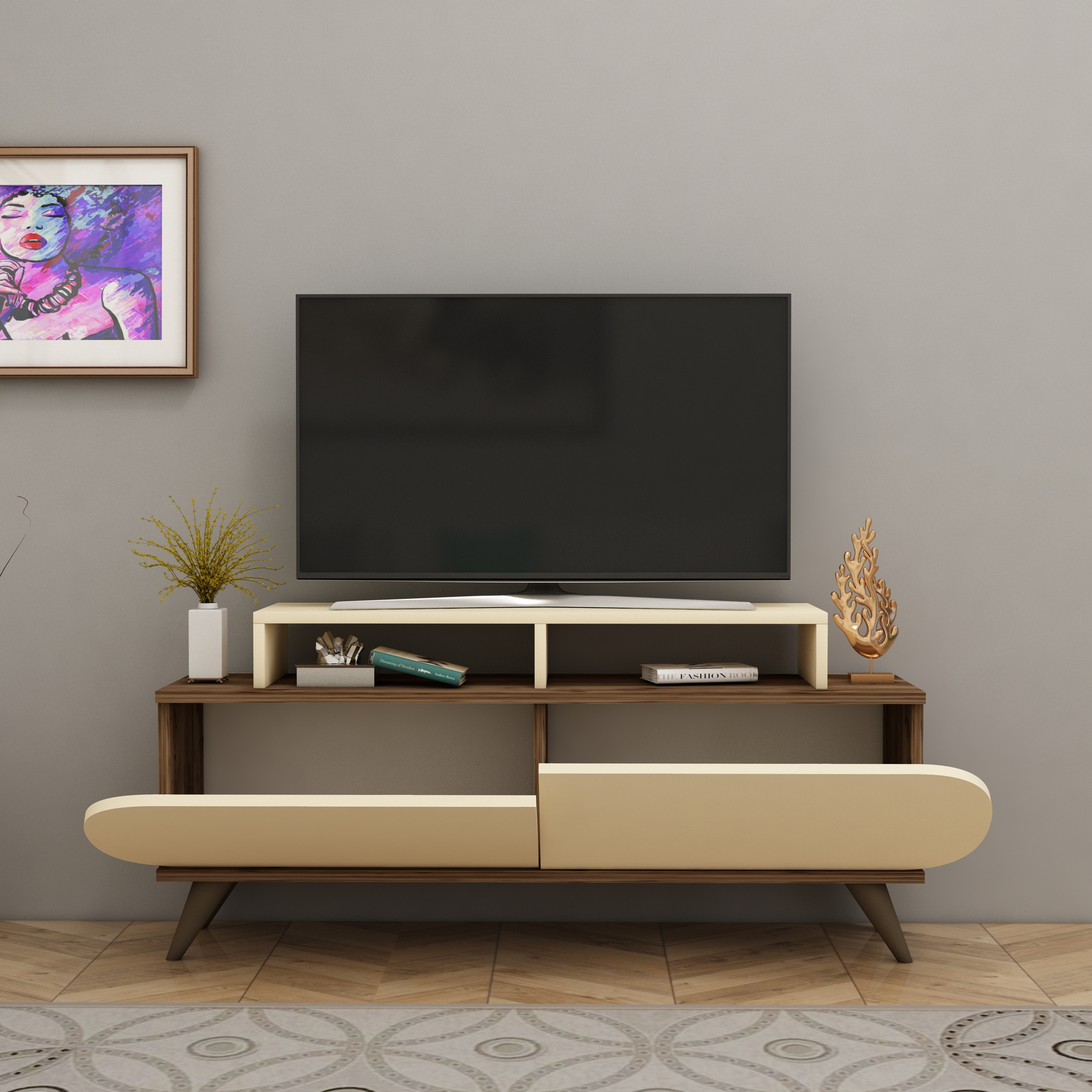 Lecody 135 cm Modern TV Stand TV Unit Entertainment Center TV Oval Cabinets Shelves, Living Room Furniture -Light Walnut & Beige