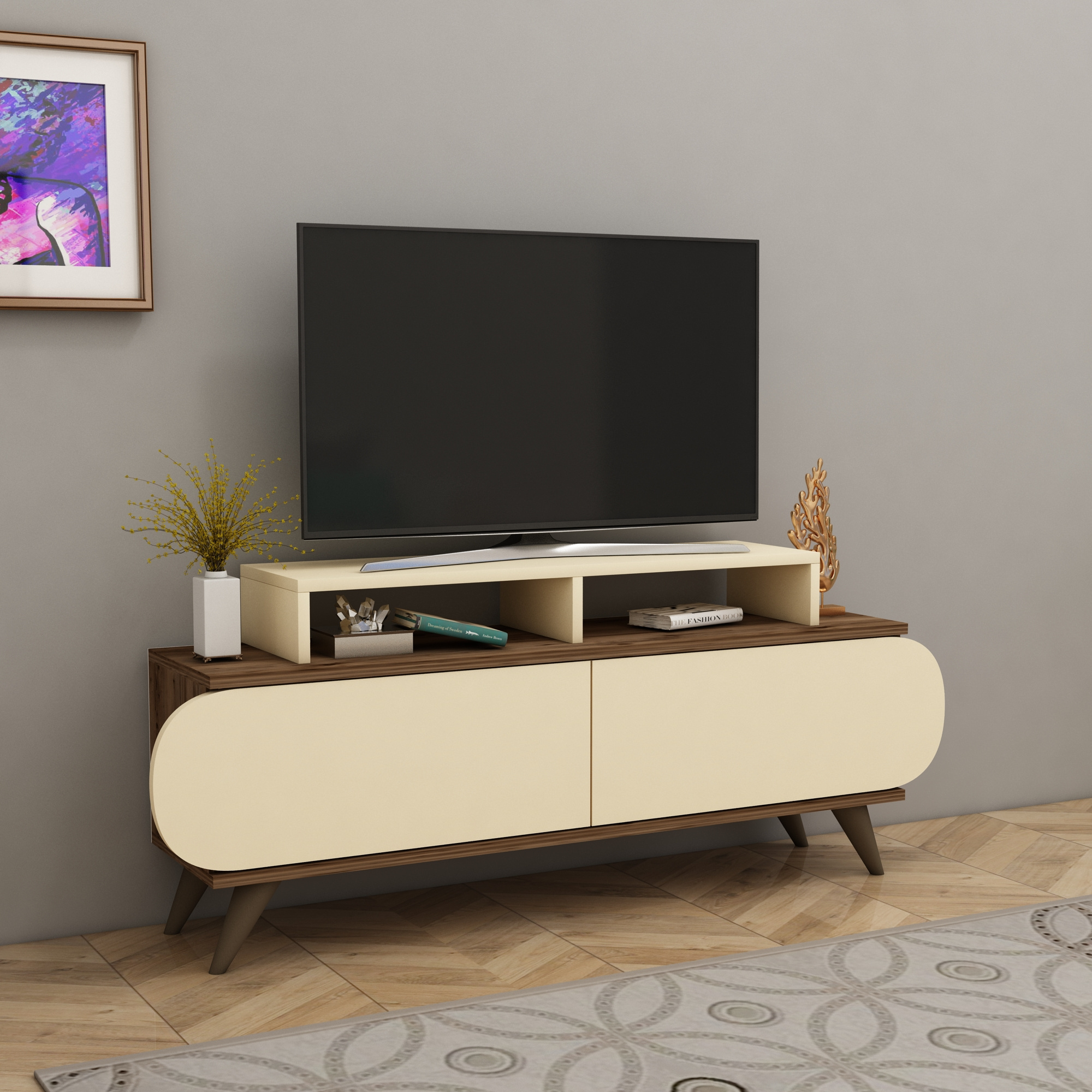 Lecody 135 cm Modern TV Stand TV Unit Entertainment Center TV Oval Cabinets Shelves, Living Room Furniture -Light Walnut & Beige