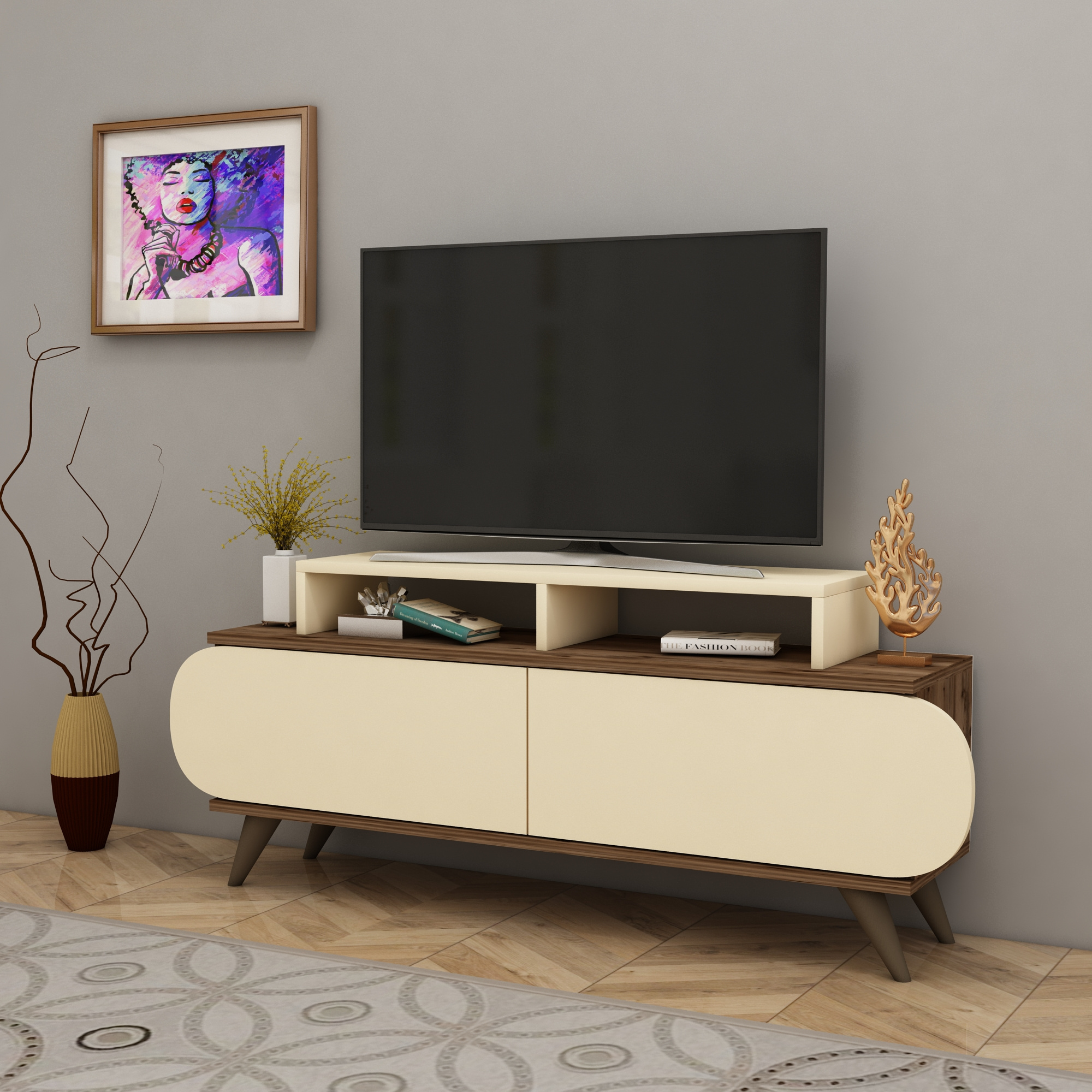 Lecody 135 cm Modern TV Stand TV Unit Entertainment Center TV Oval Cabinets Shelves, Living Room Furniture -Light Walnut & Beige