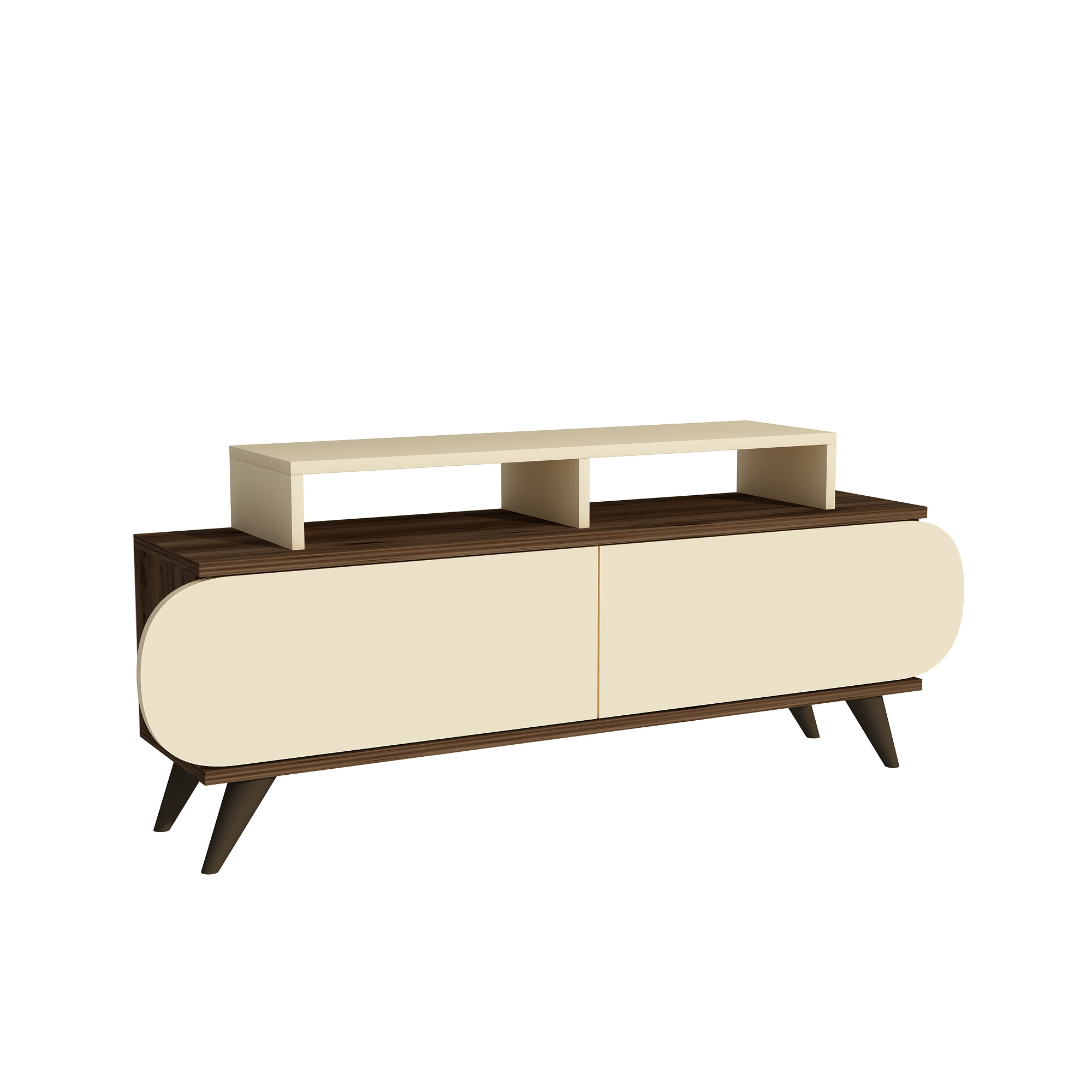 Lecody 135 cm Modern TV Stand TV Unit Entertainment Center TV Oval Cabinets Shelves, Living Room Furniture -Light Walnut & Beige