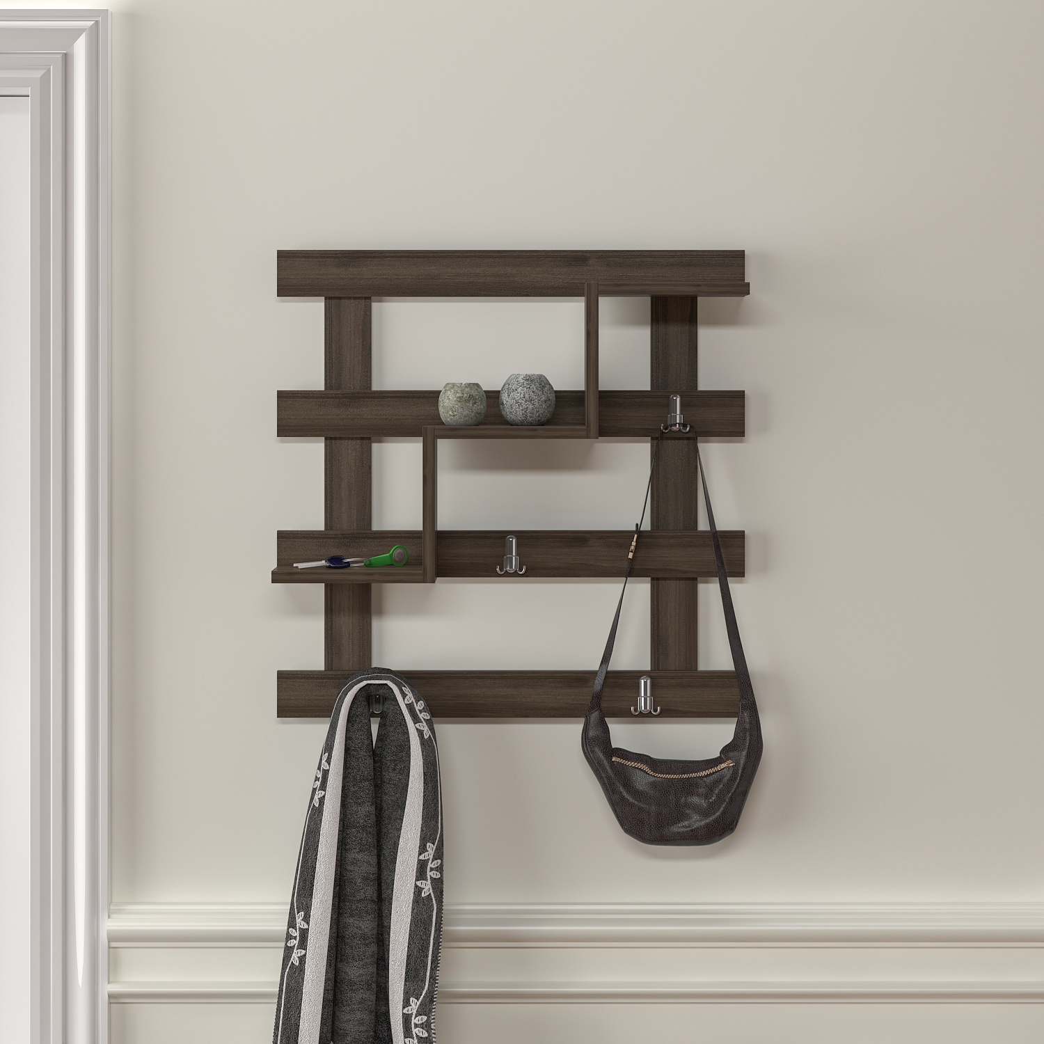 Epona Entryway Hallway Wall-Mounted Coat Rack with 3 Tier Open Shelves and 4 Metal Hanging Hooks for Home Office Hotel - Walnut