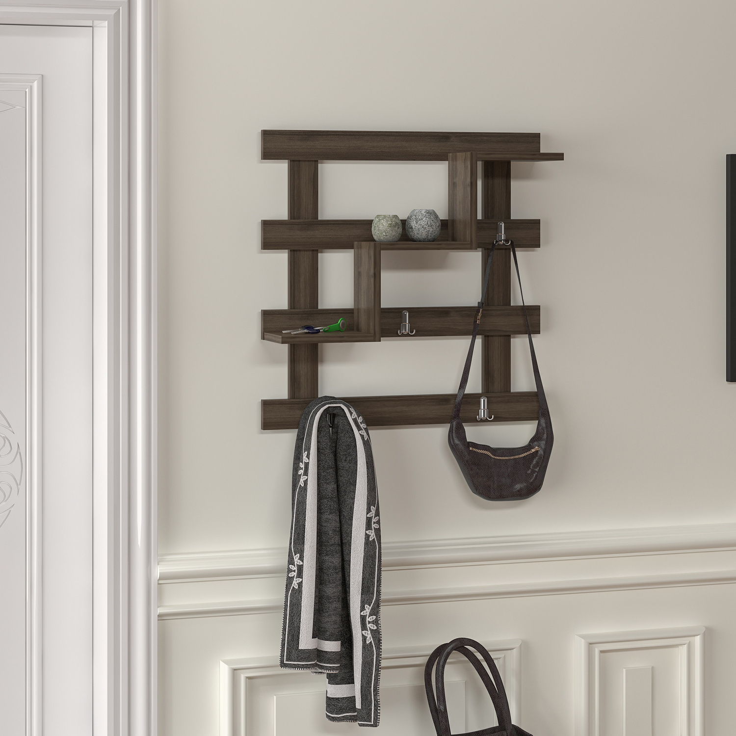 Epona Entryway Hallway Wall-Mounted Coat Rack with 3 Tier Open Shelves and 4 Metal Hanging Hooks for Home Office Hotel - Walnut