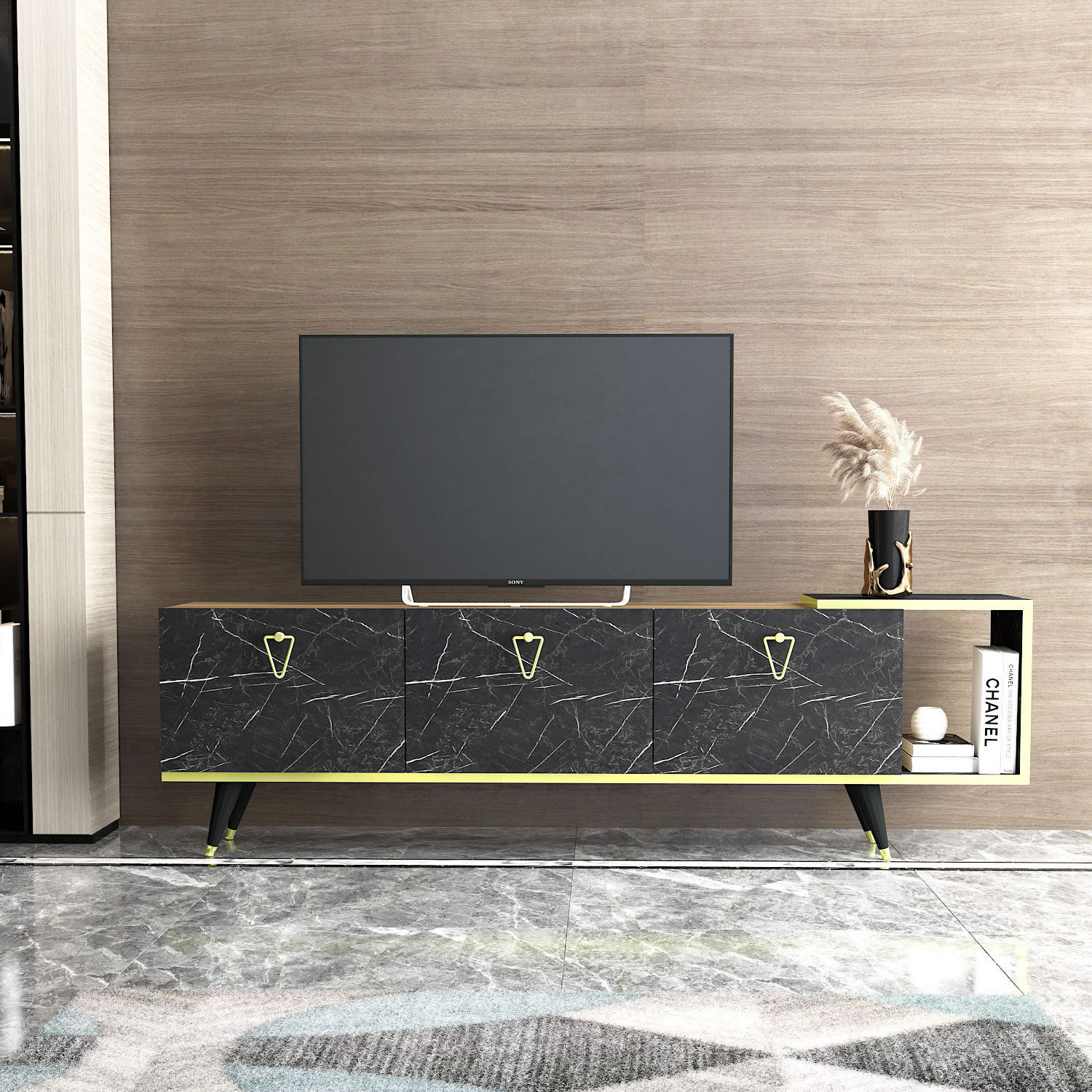 Agnus 16 cm Wide TV Stand Cabinet Media Lowboard Entertainment Center with Closed Storage for Living Room - Black Marble Gold