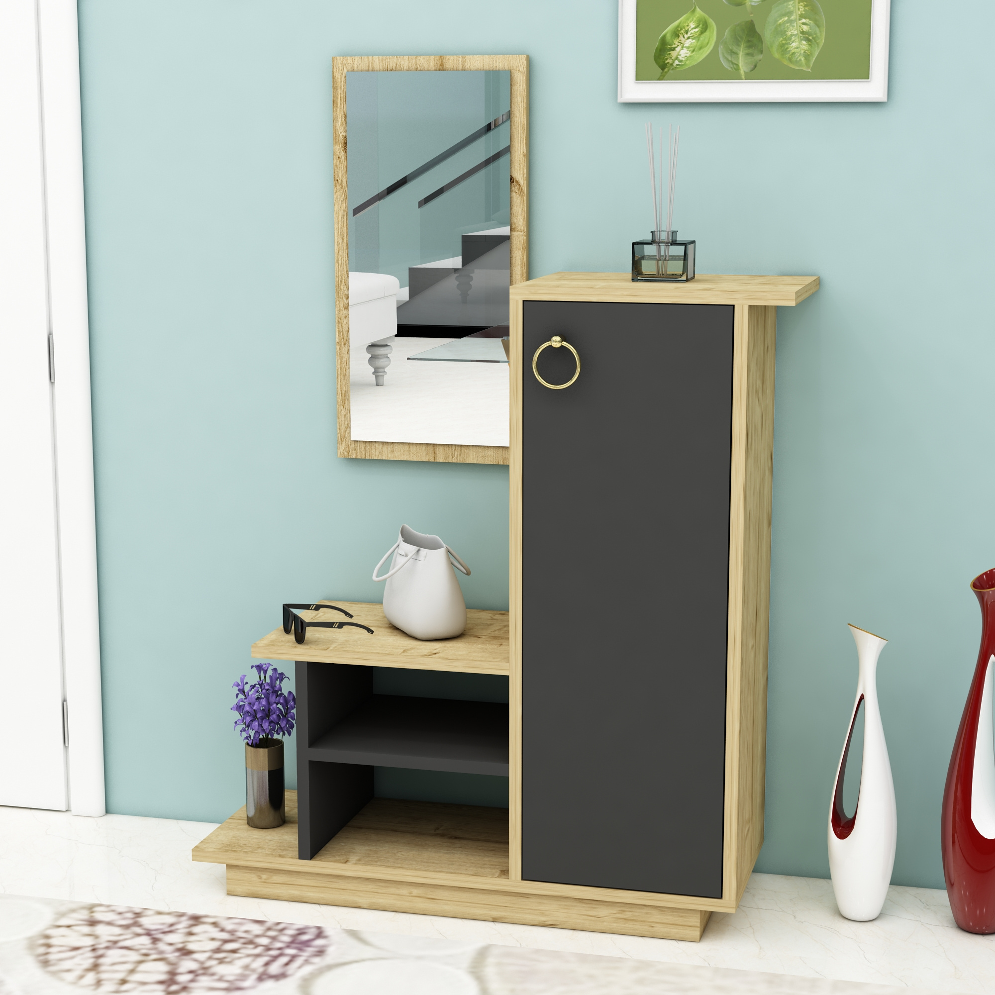 Albero Dresuar Console Table with Cabinet, Shelves and Mirror - Dark Grey & Oak  Modern dresuar console table