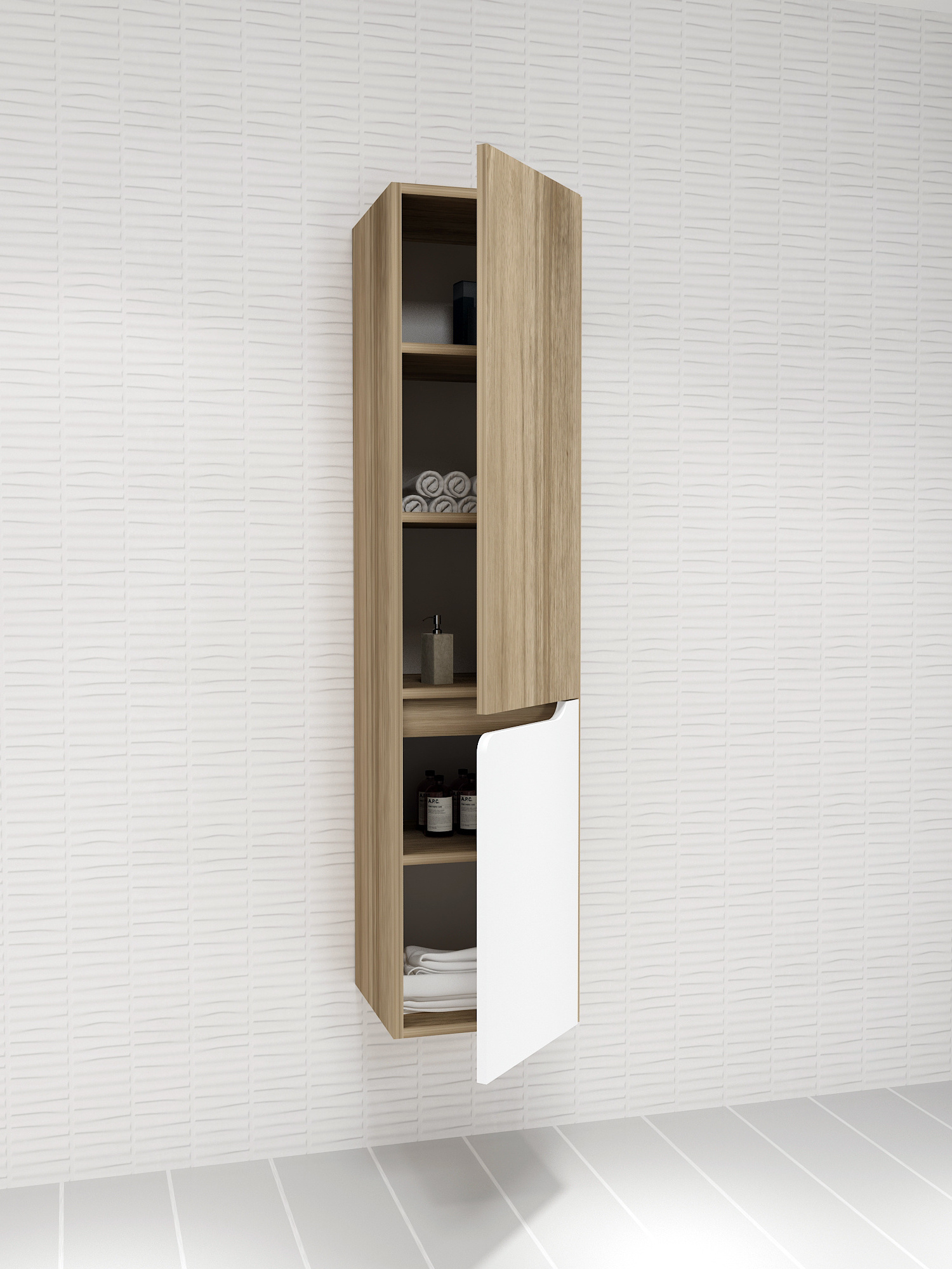 Leny 150 cm Tall 5 Tier Wall Mounted Bathroom MDF Side Storage Cabinet with 2 Soft Close Doors - Walnut & White