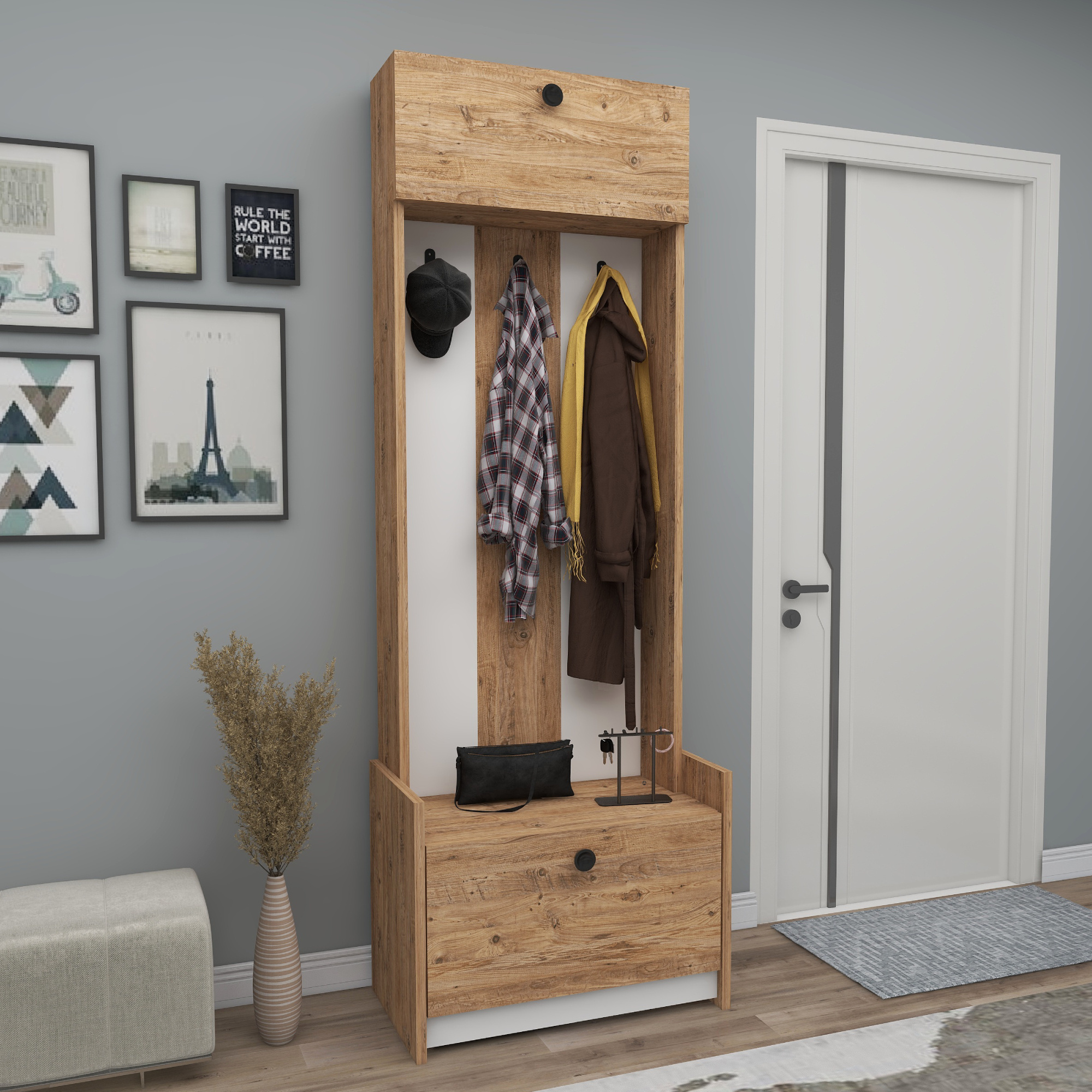 Edessa Hallway Coat Rack with Cabinet Wooden Shoe Rack and hat rack storage unit