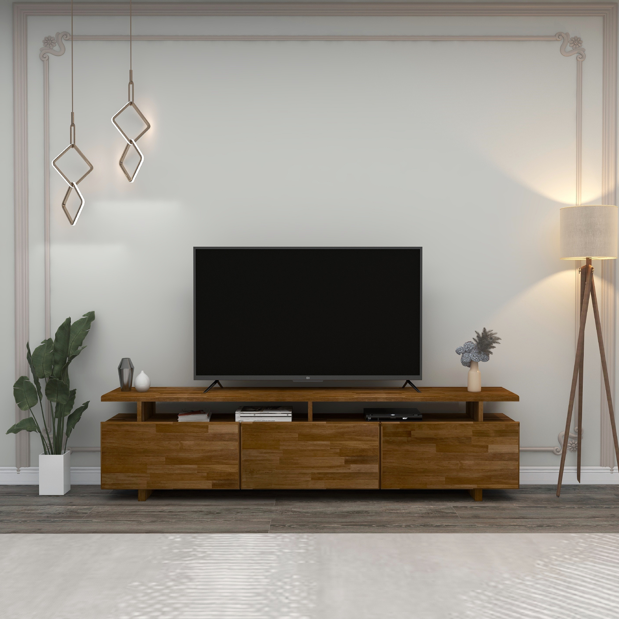 Magnus 174 cm Wide Pine Wood TV Stand Entertainment Center with Closed Cabinets and Open Shelves for Living Room - Walnut