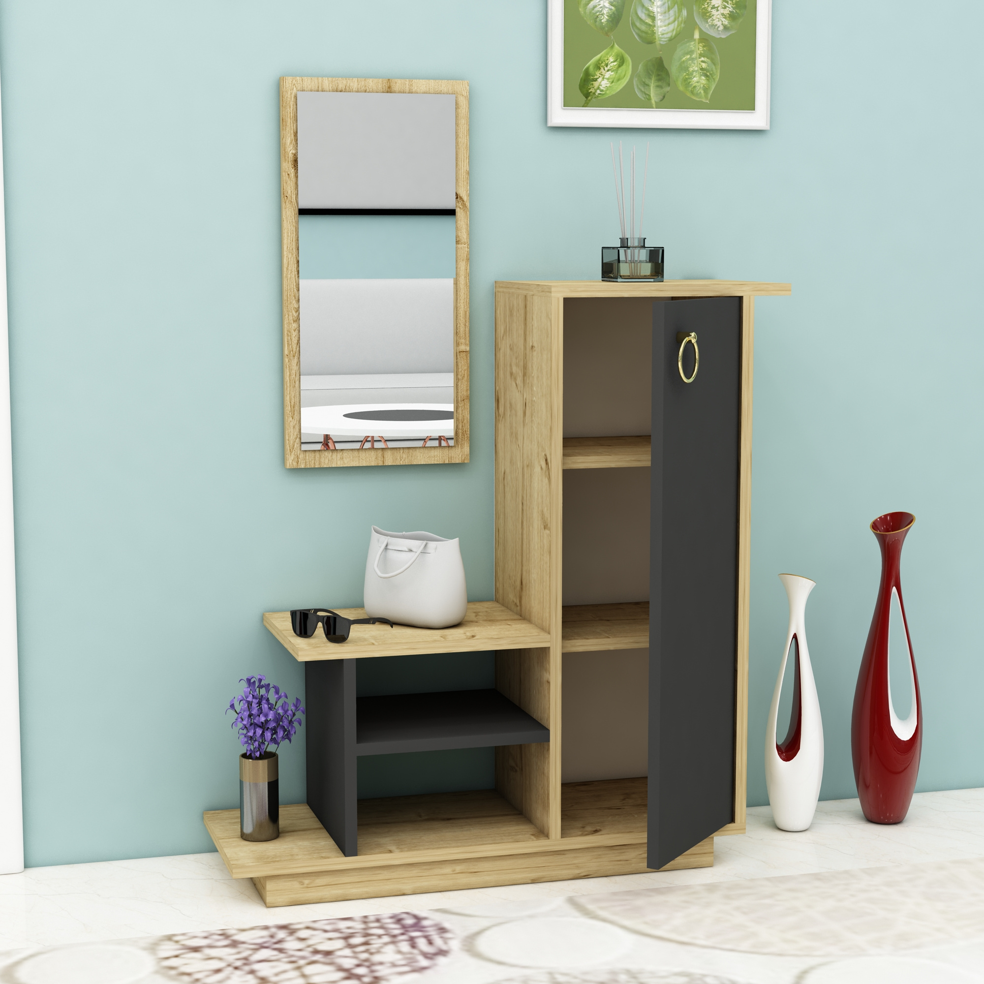 Albero Dresuar Console Table with Cabinet, Shelves and Mirror - Dark Grey & Oak  Modern dresuar console table